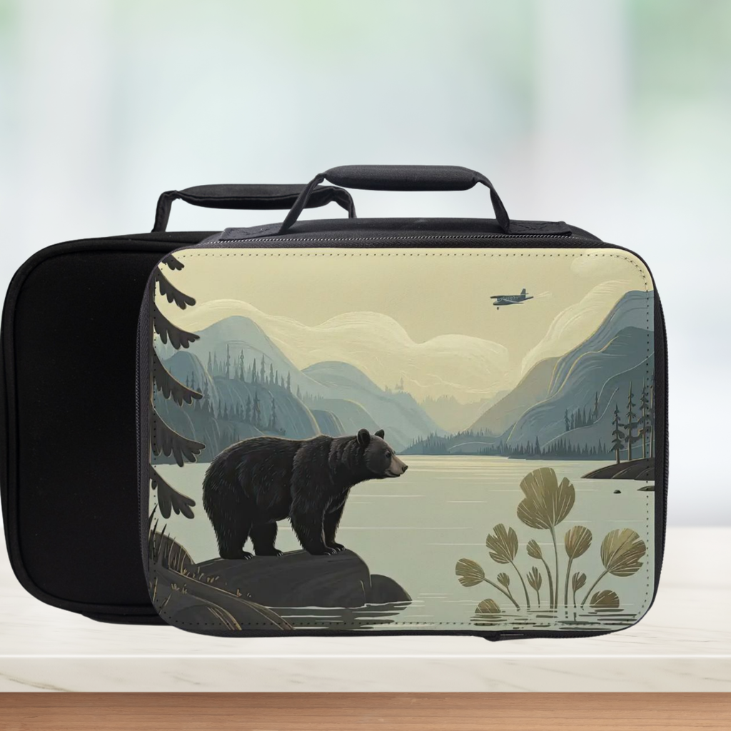 Lunch box with bear and nature design on a blurred background