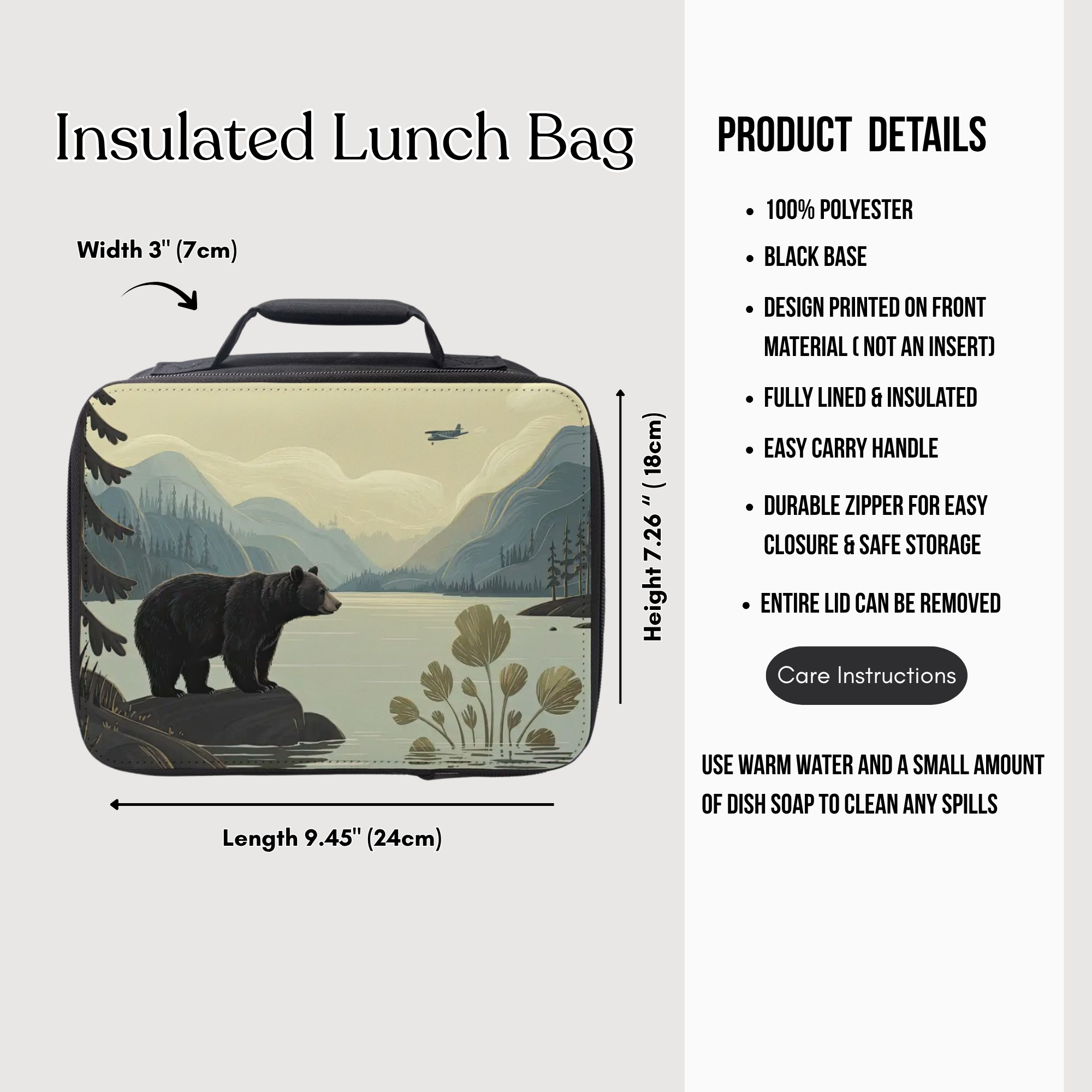 Insulated lunch bag with bear design and product details on a white background