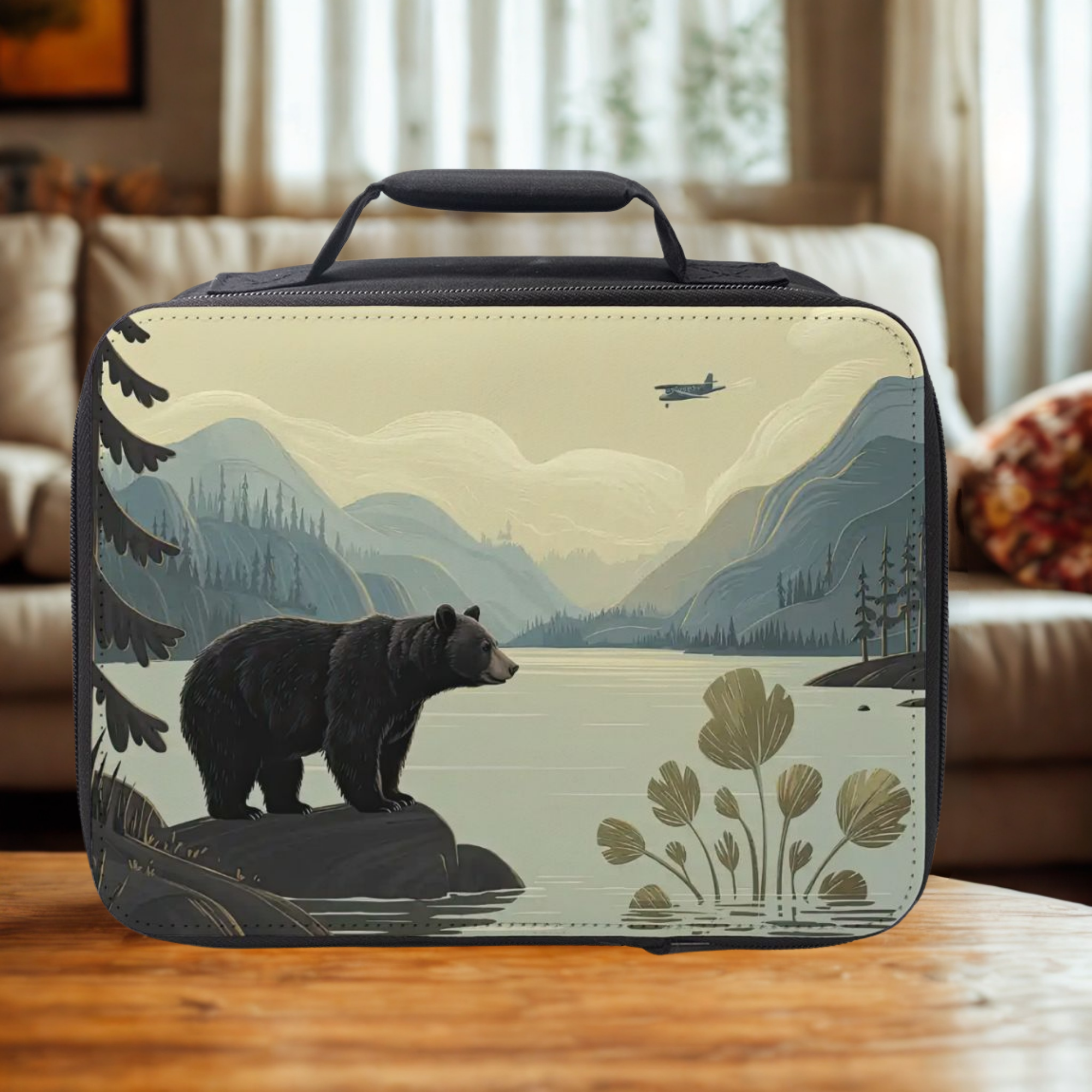  insulated lunch bag with bear and nature design on a wooden table