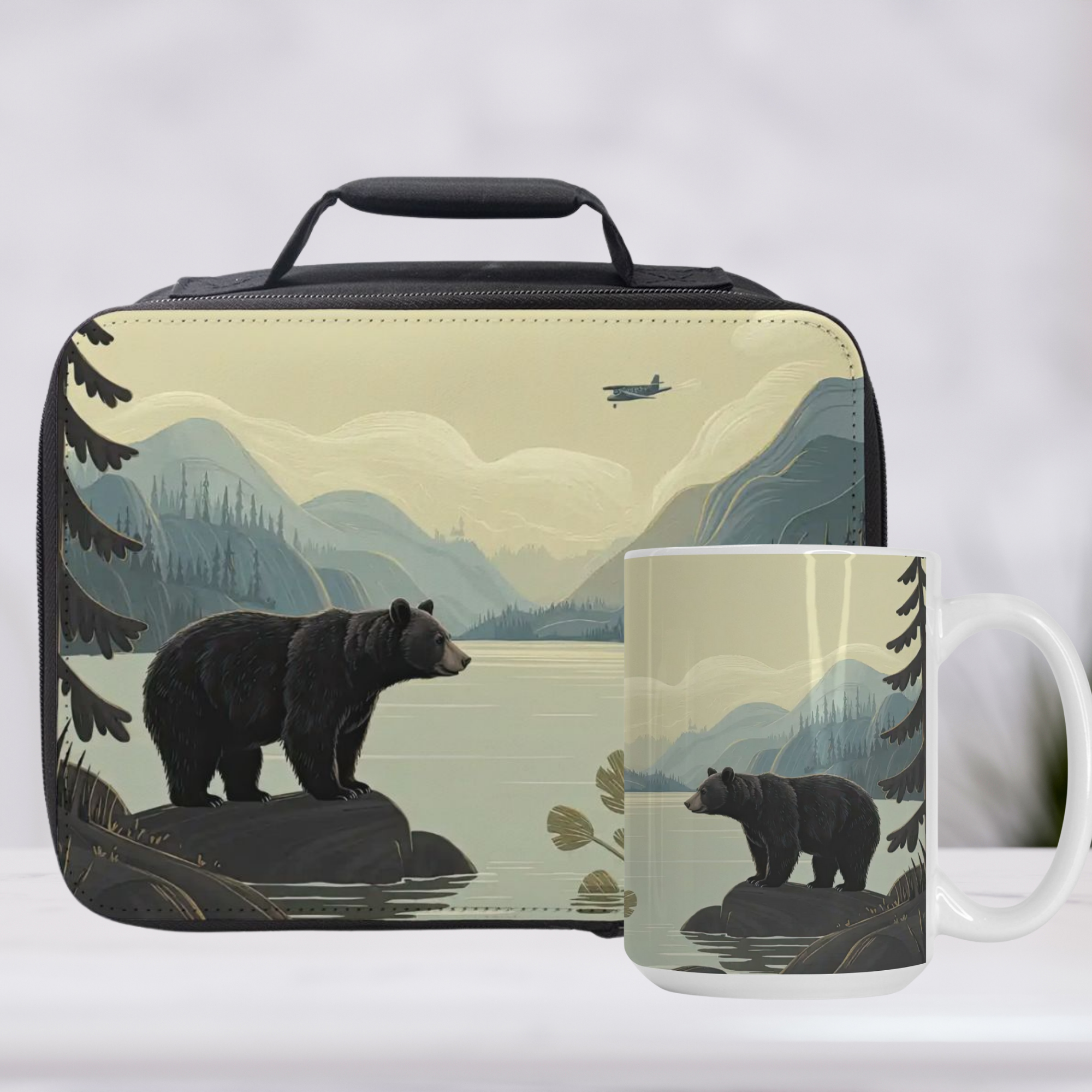 Lunch bag and mug set with bear and nature design on a white background