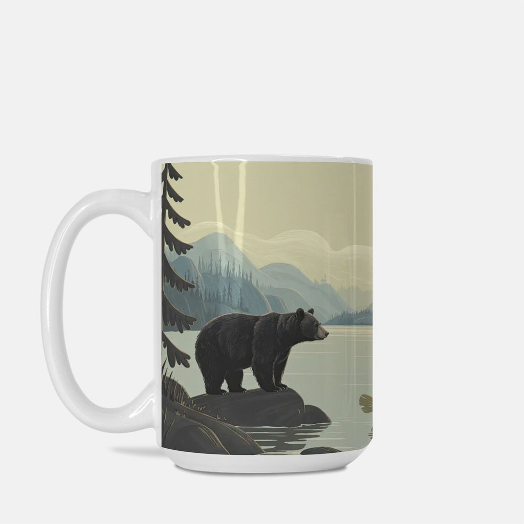 Mug with a bear design on a mountain lake