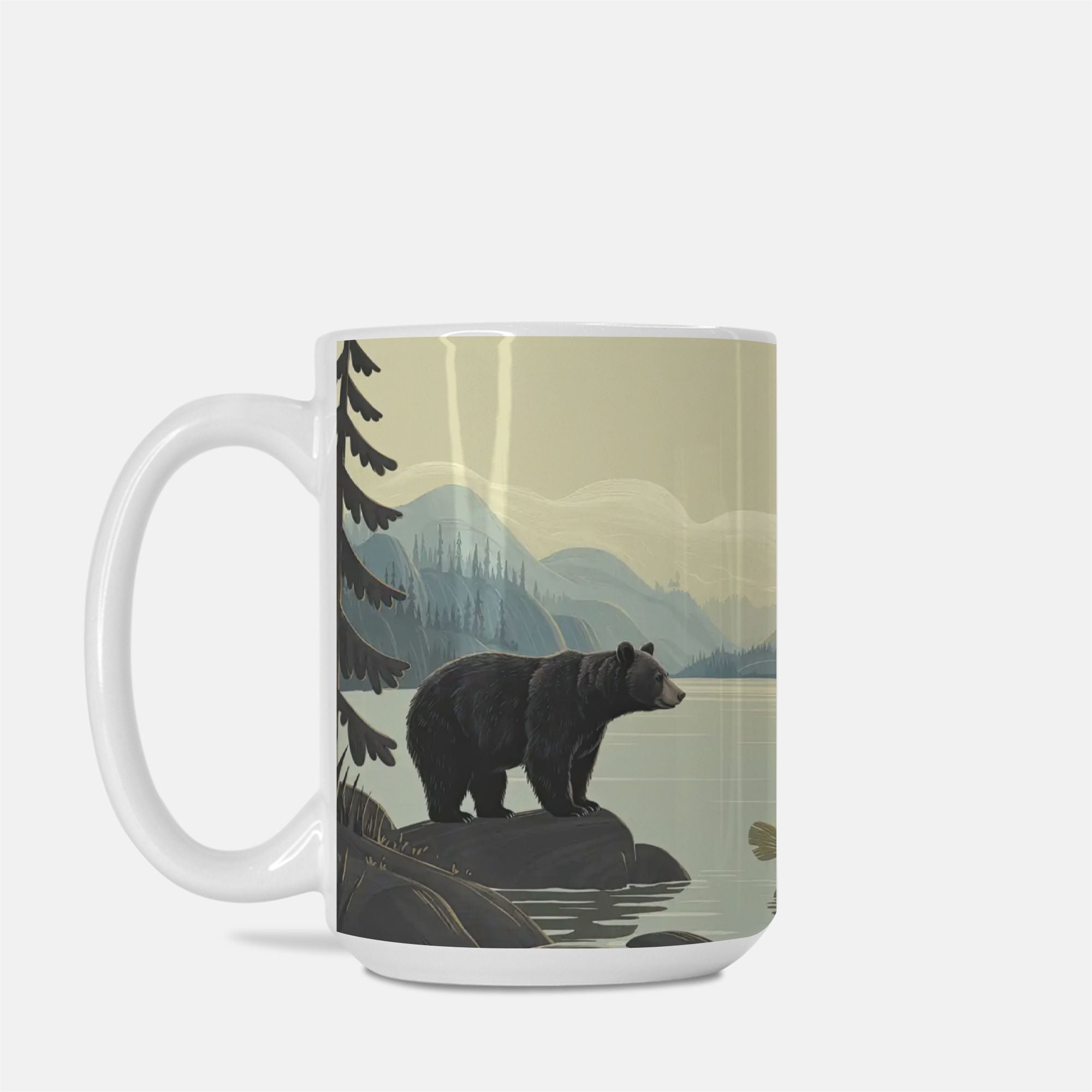 Mug with a bear design on a mountain lake
