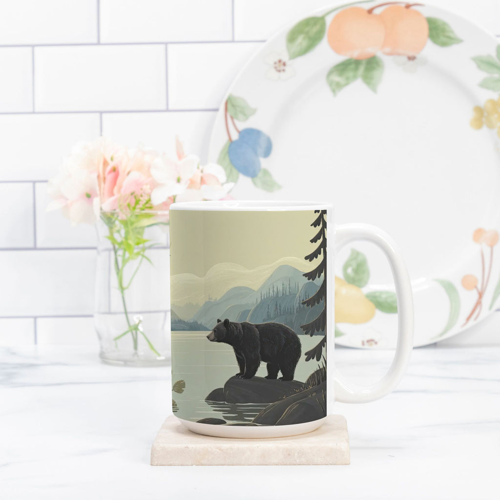 Mug with bear design on a marble coaster, next to a floral plate on a white tiled wall background.