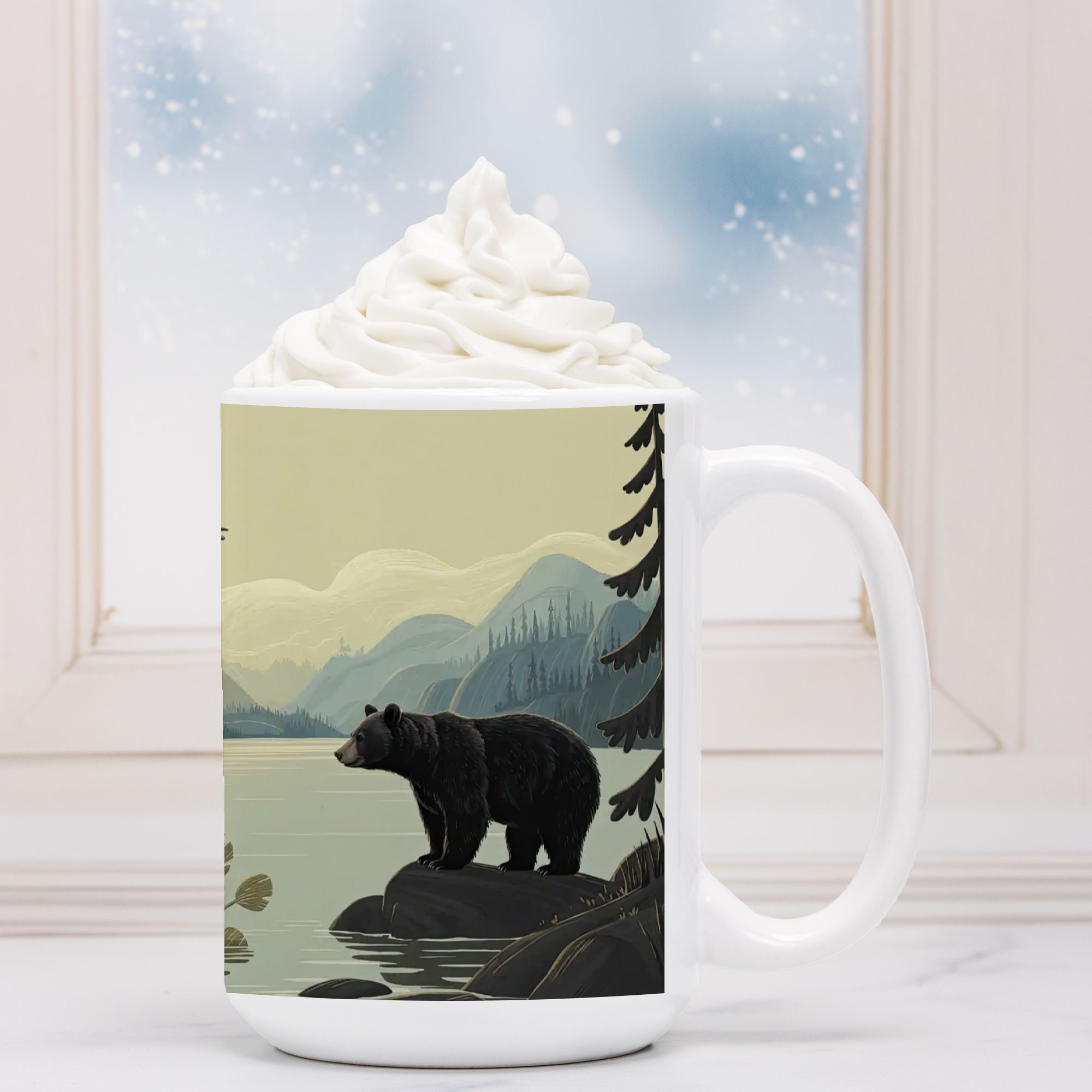 White mug with a bear design on a snowy landscape background