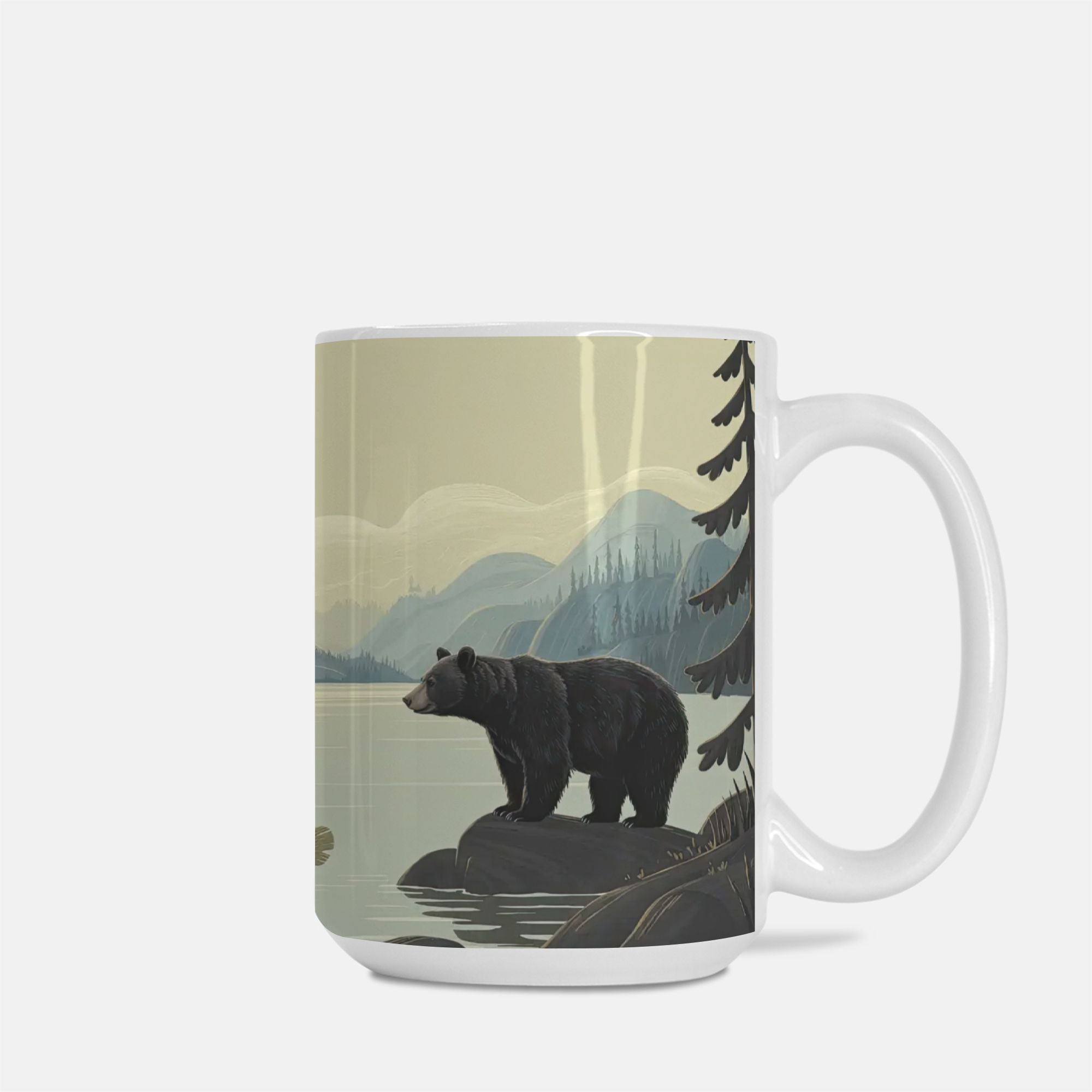 Mug with a bear design on a mountain landscape