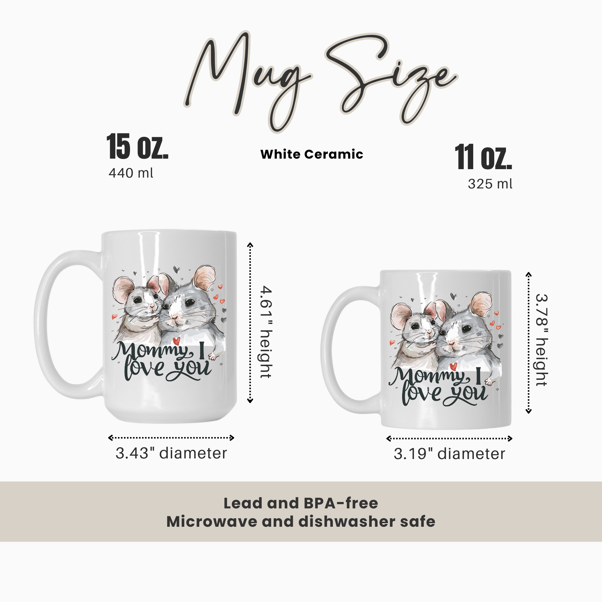 Two mugs with mouse illustrations and text, showing size comparison and specifications.
