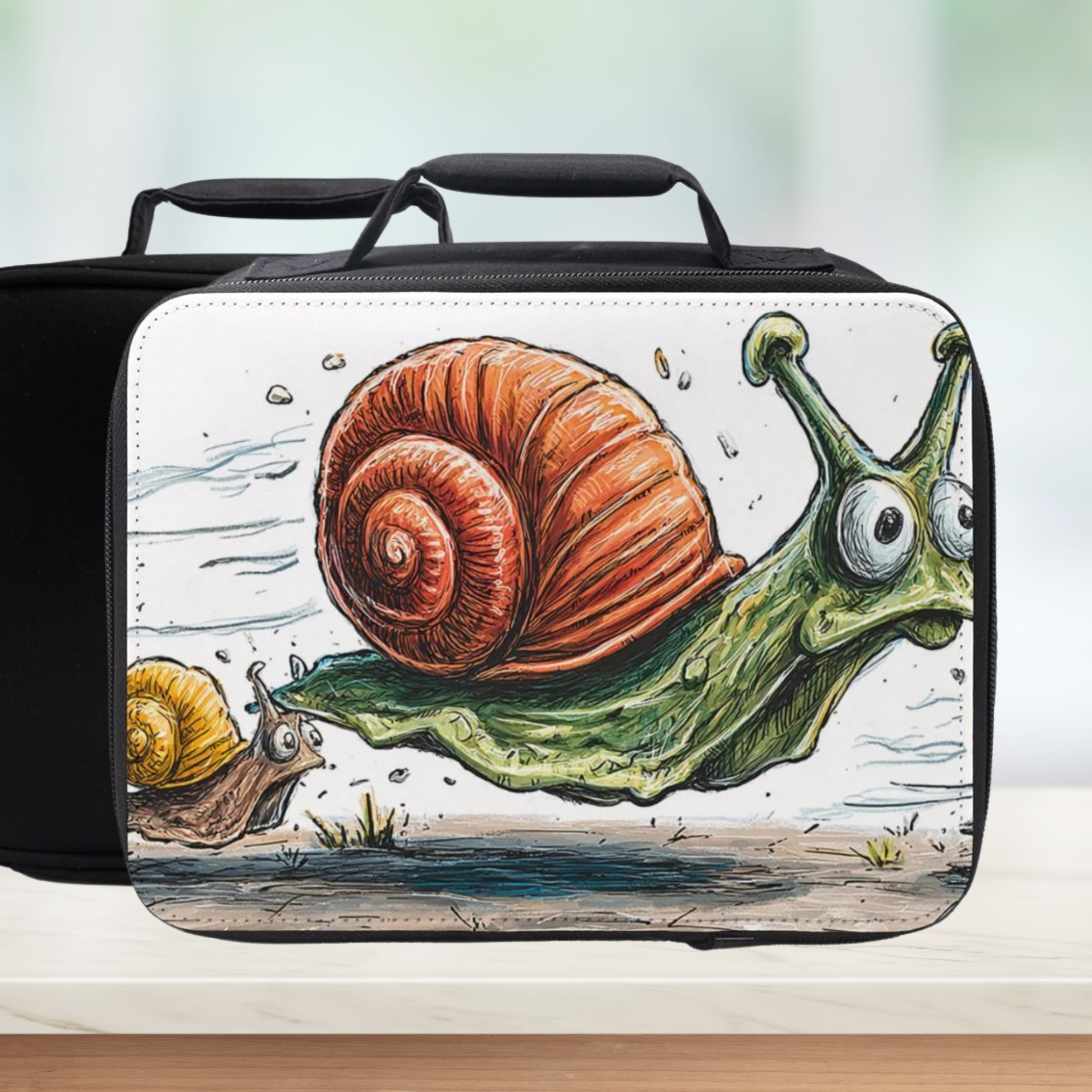 Black lunch bag with a snail design on a white background