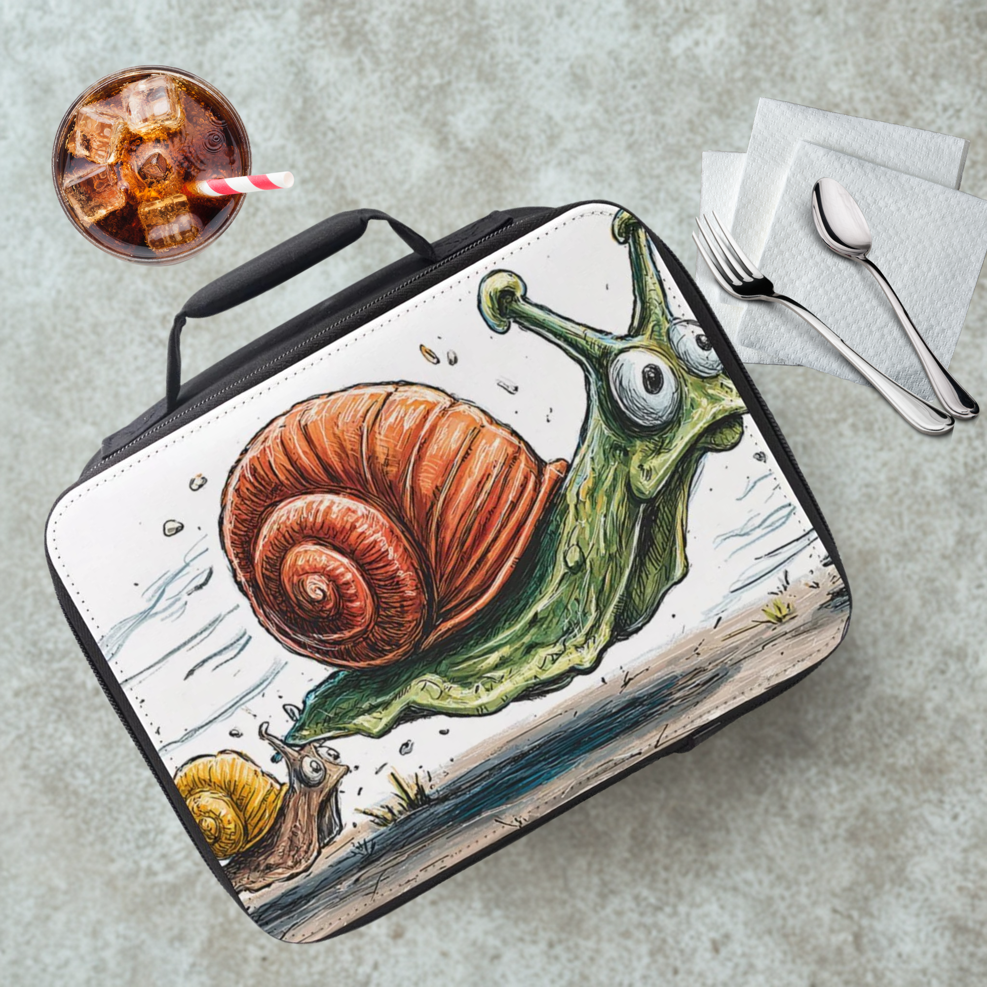 Lunch bag with a snail design on a cafeteria table with a drink and utensils.