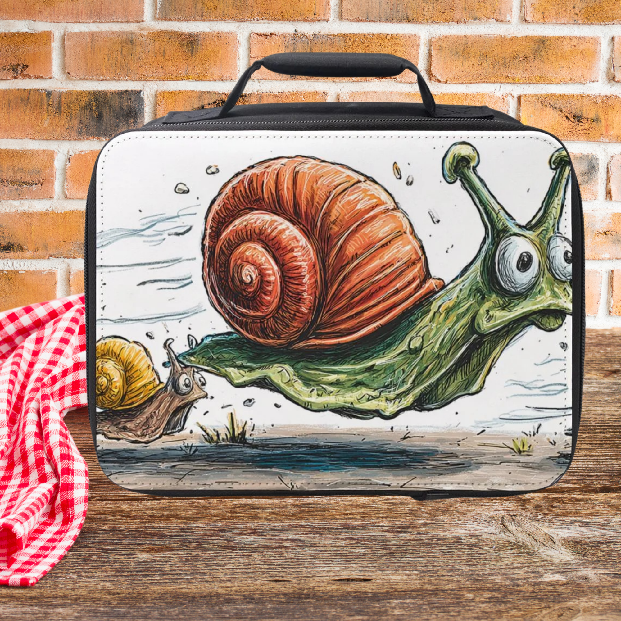 Lunch bag with a snail design on a wooden picnic table and brick wall background