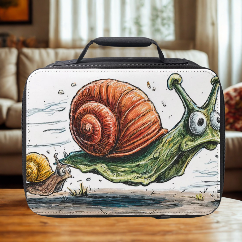 Lunch box with a snail design on a wooden coffee table in a cozy living room.