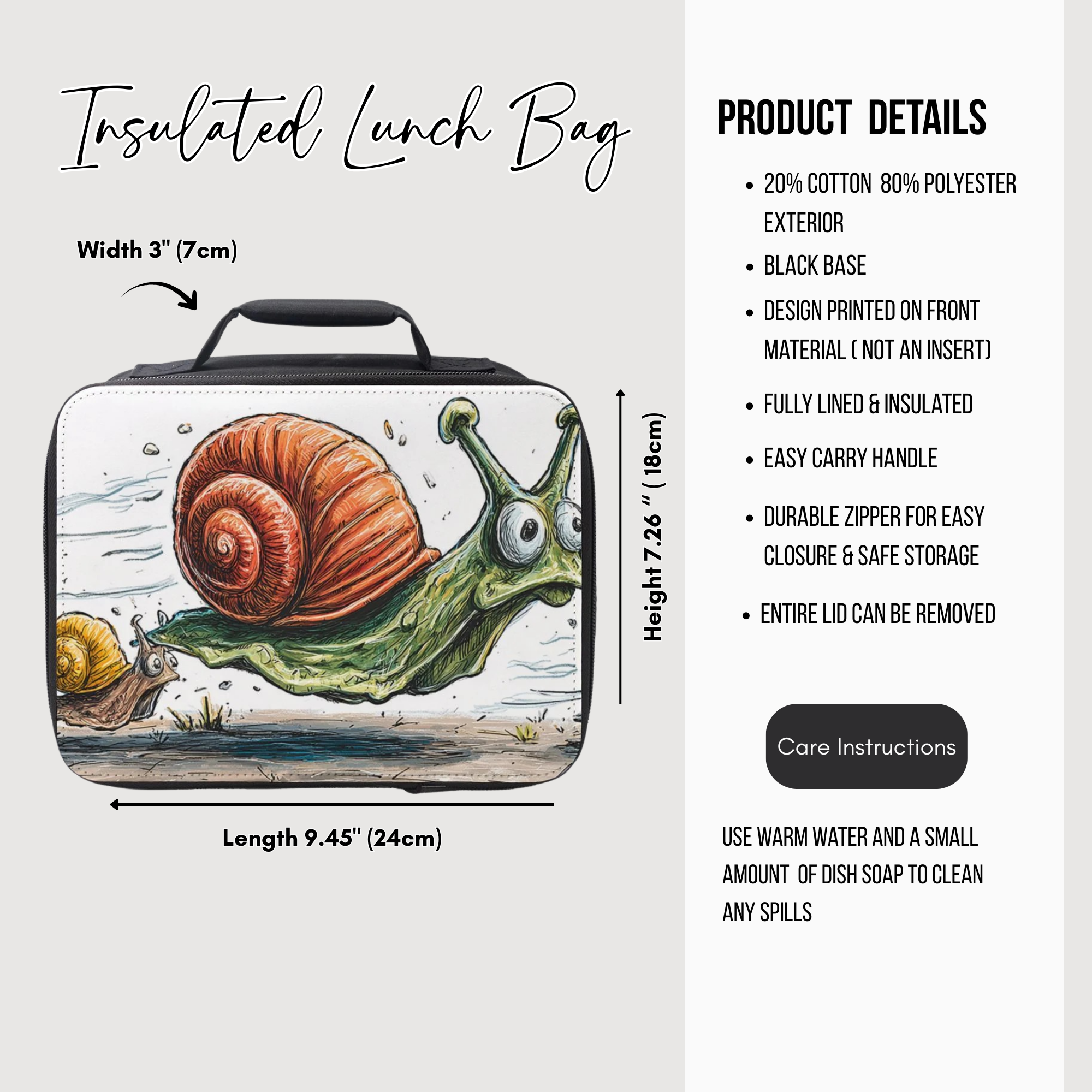 Insulated lunch bag with snail design and product details on a white background