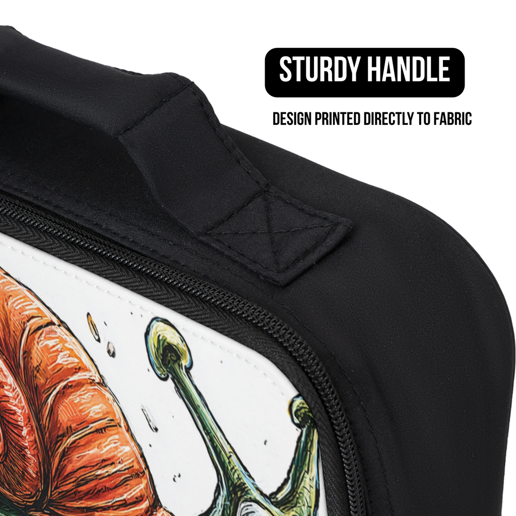 Black lunch bag with a printed design of a snail and text about a sturdy handle and direct to fabric printing.