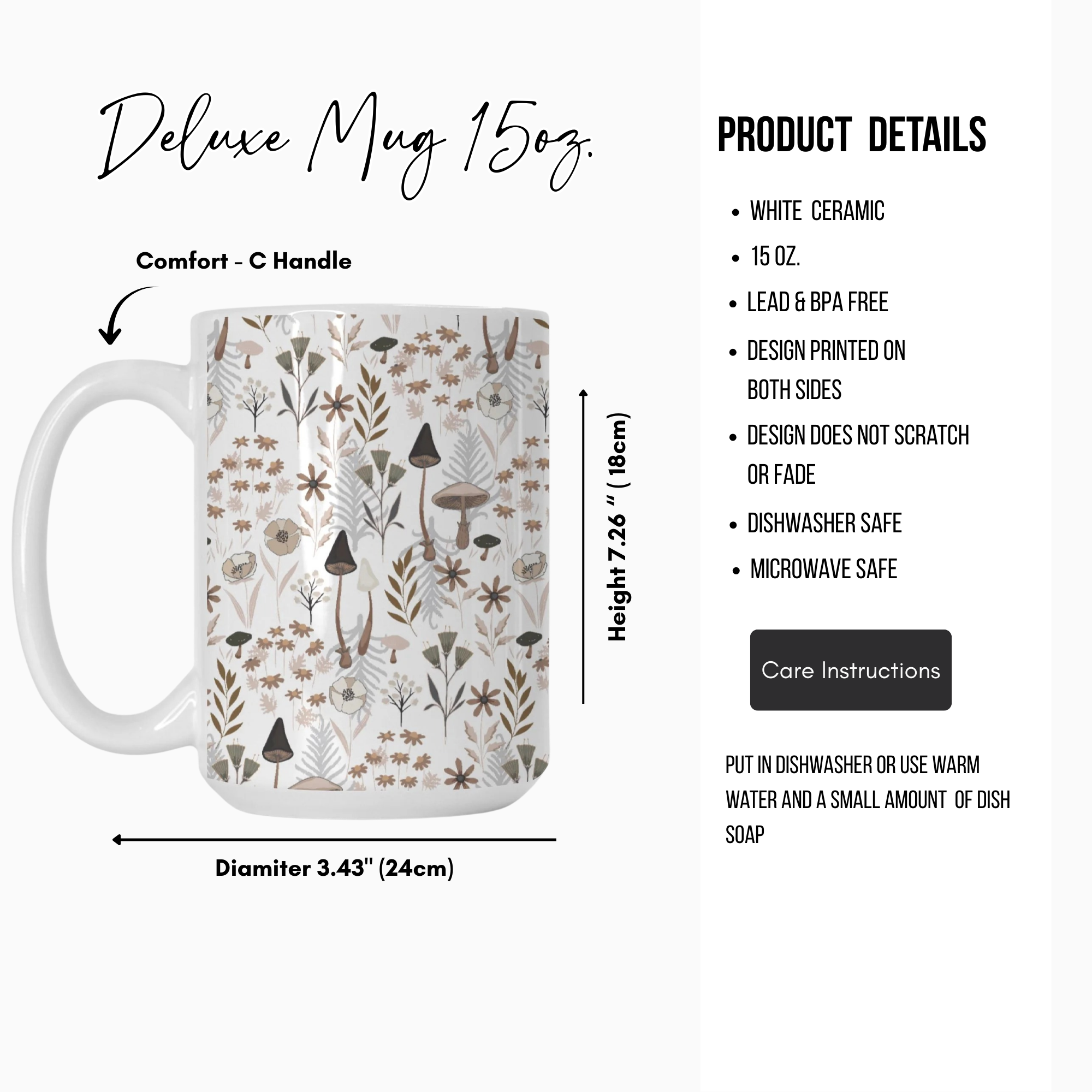 Deluxe mug with mushroom &  floral pattern and product details on a white background