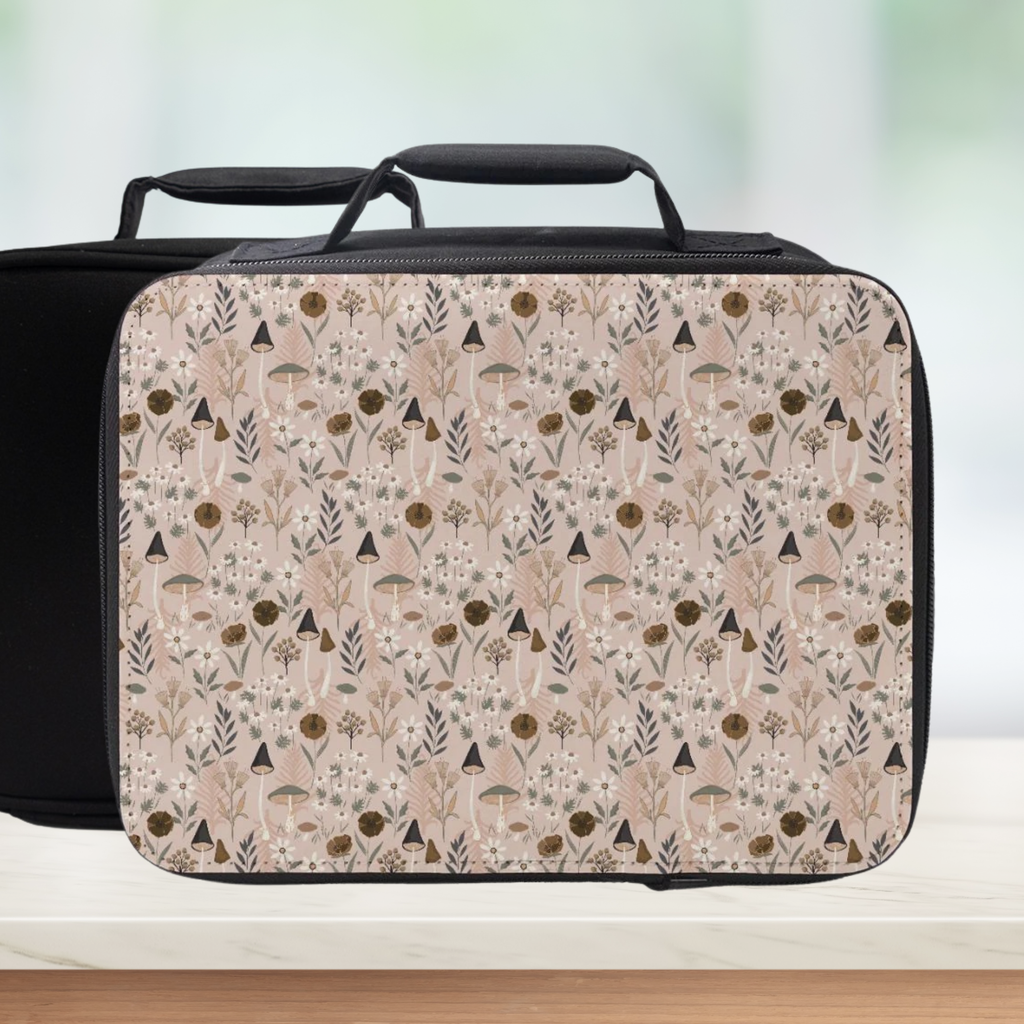 Lunch bag with a mushroom & floral pattern on a neutral background