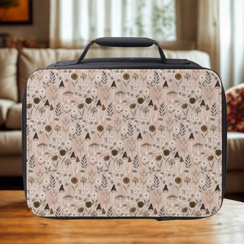 Lunch bag with nature-themed pattern on a wooden table in a cozy living room