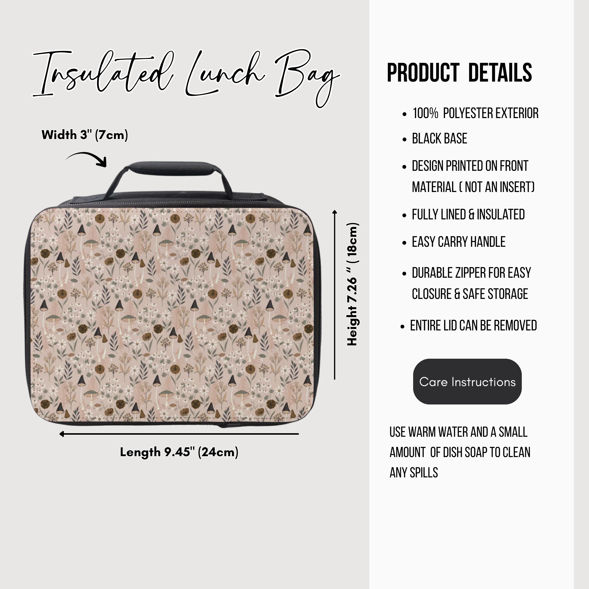 Insulated lunch bag with dimensions and product details on a white background