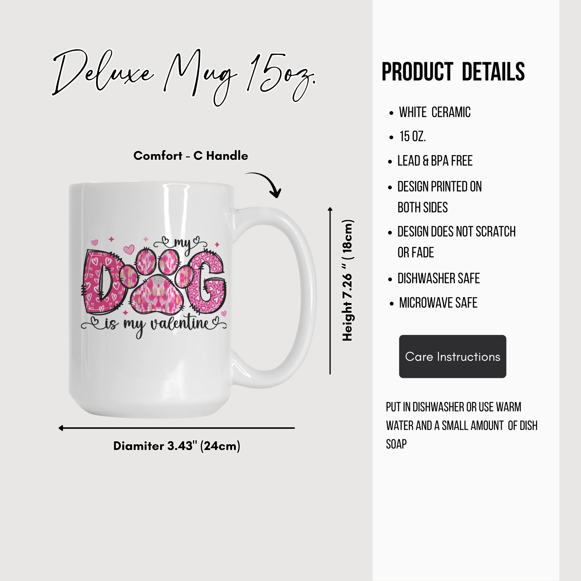 White mug with pink floral text design and product details on a white background