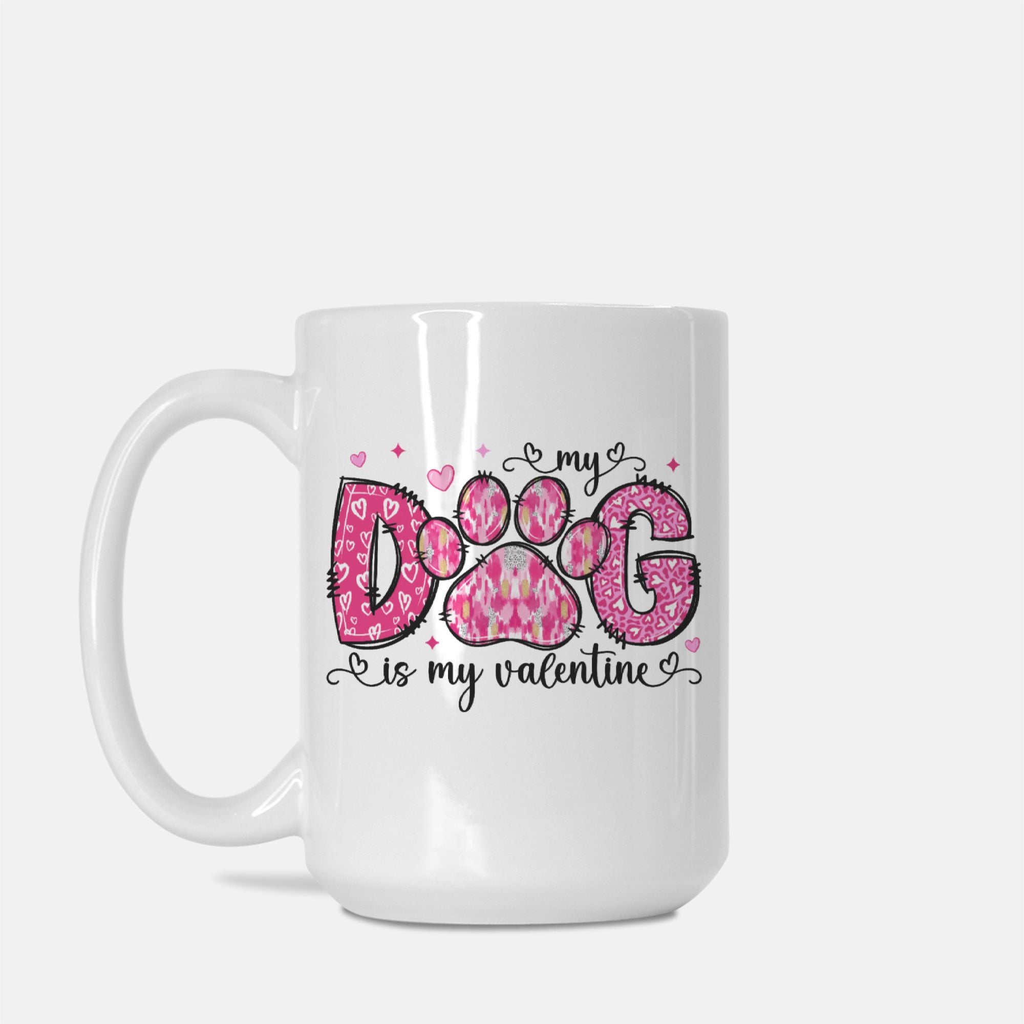 White mug with pink paw print design and text on a white background