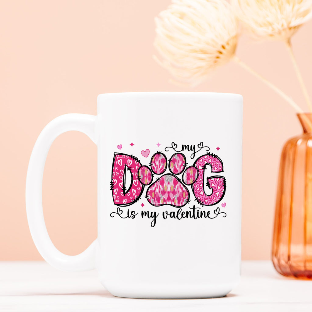 White mug with pink and black text design on a light pink background