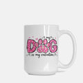White mug with pink paw print design and text on a white background