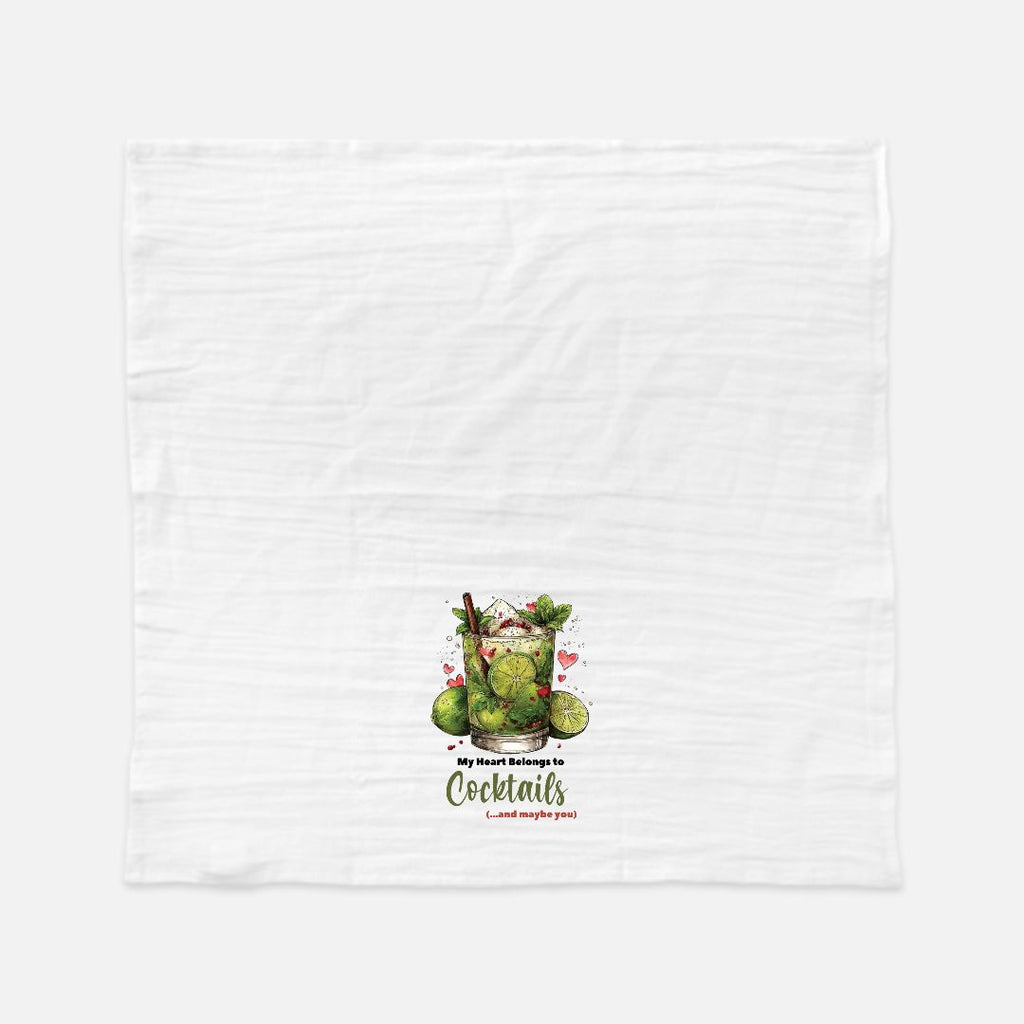 White towel with a cocktail graphic and text on a white background