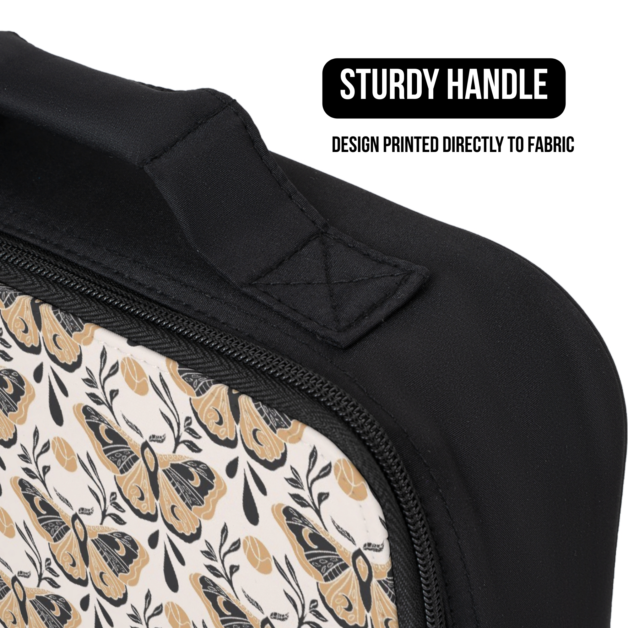 Black lunch bag with moth pattern and sturdy handle feature