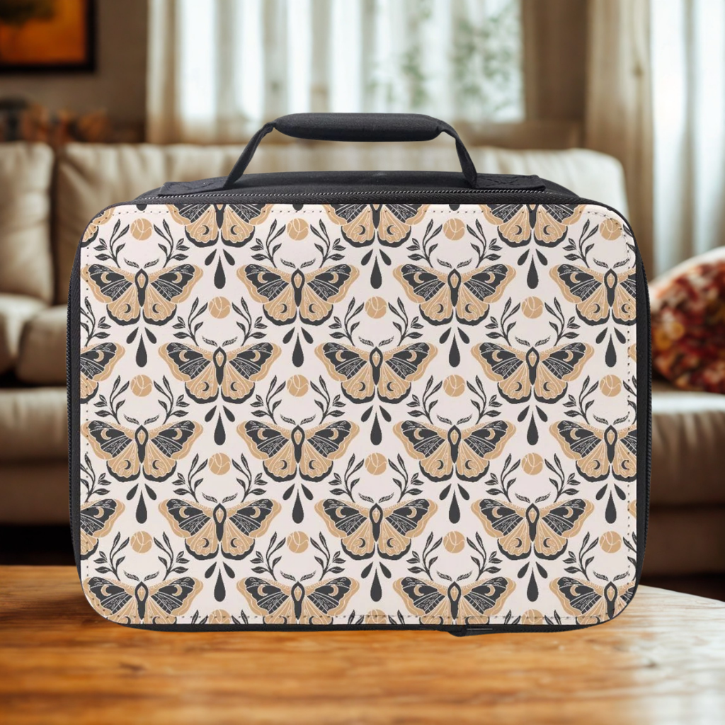 Patterned lunchbox with moth design on a wooden coffee table in a cozy living room.