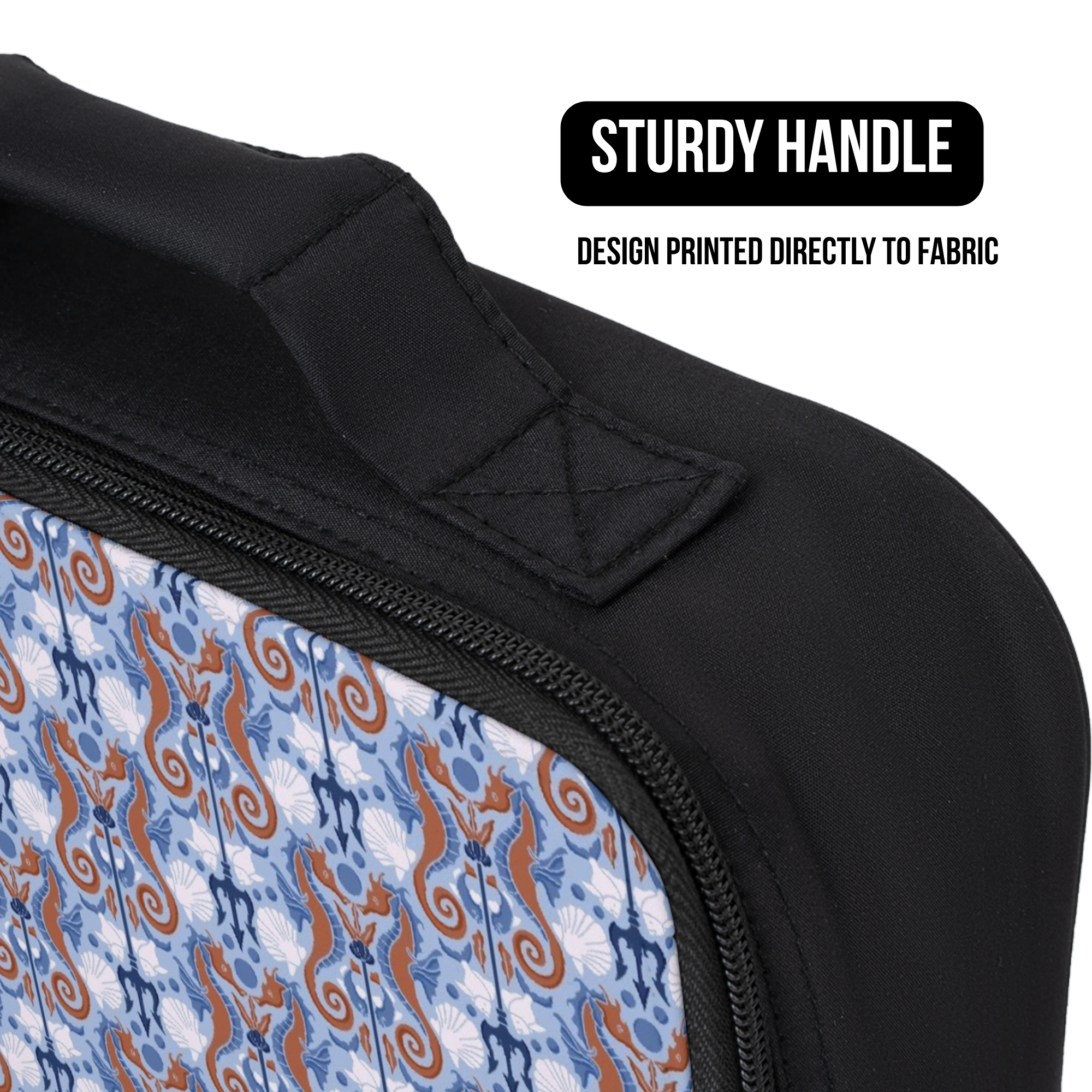Close-up of a bag with a seahorse patterned handle and text indicating 'Sturdy Handle' and 'Design Printed Directly to Fabric'.