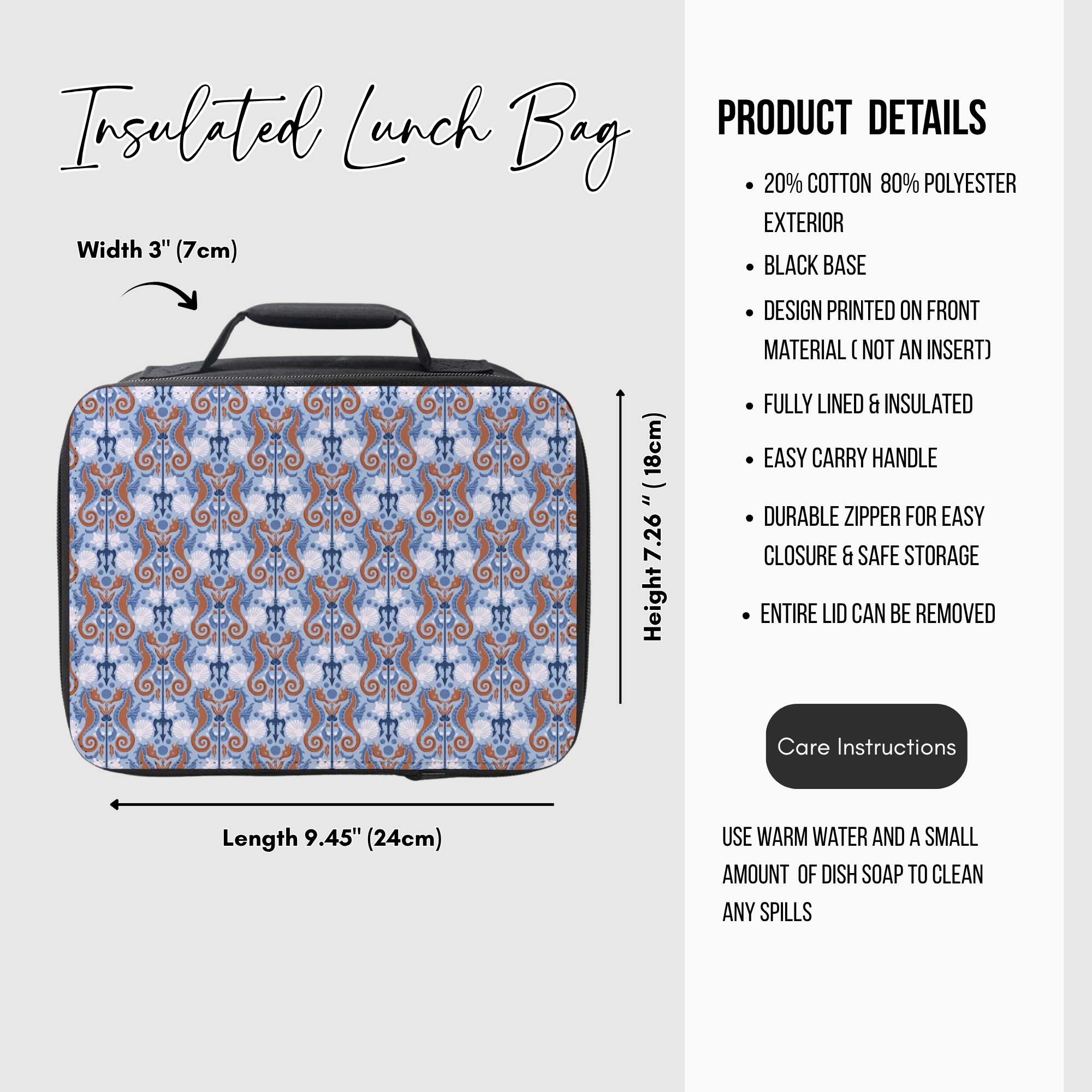 Insulated lunch bag with a seahorse patterned design, measurements, and product details on a white background.