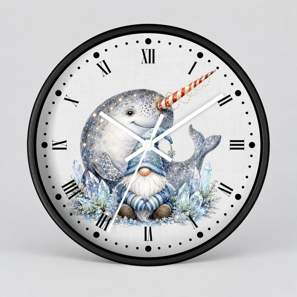 A round wall clock with a black frame and a white face featuring a whimsical illustration of a blue-gray narwhal with a red-and-white striped horn, a small gnome in blue clothing, and icy blue plants. The clock uses black Roman numerals and white hands against a light gray studio background.