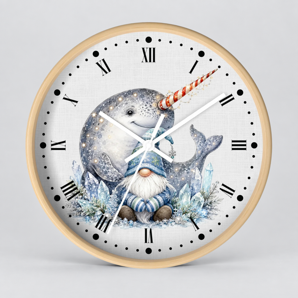 Round wall clock with a light wood frame and a whimsical undersea gnome illustration on the dial. The clock face features black Roman numerals, white clock hands, a large blue-gray whale, a small gnome in blue clothing, and icy blue crystal details, shown against a neutral gray background.
