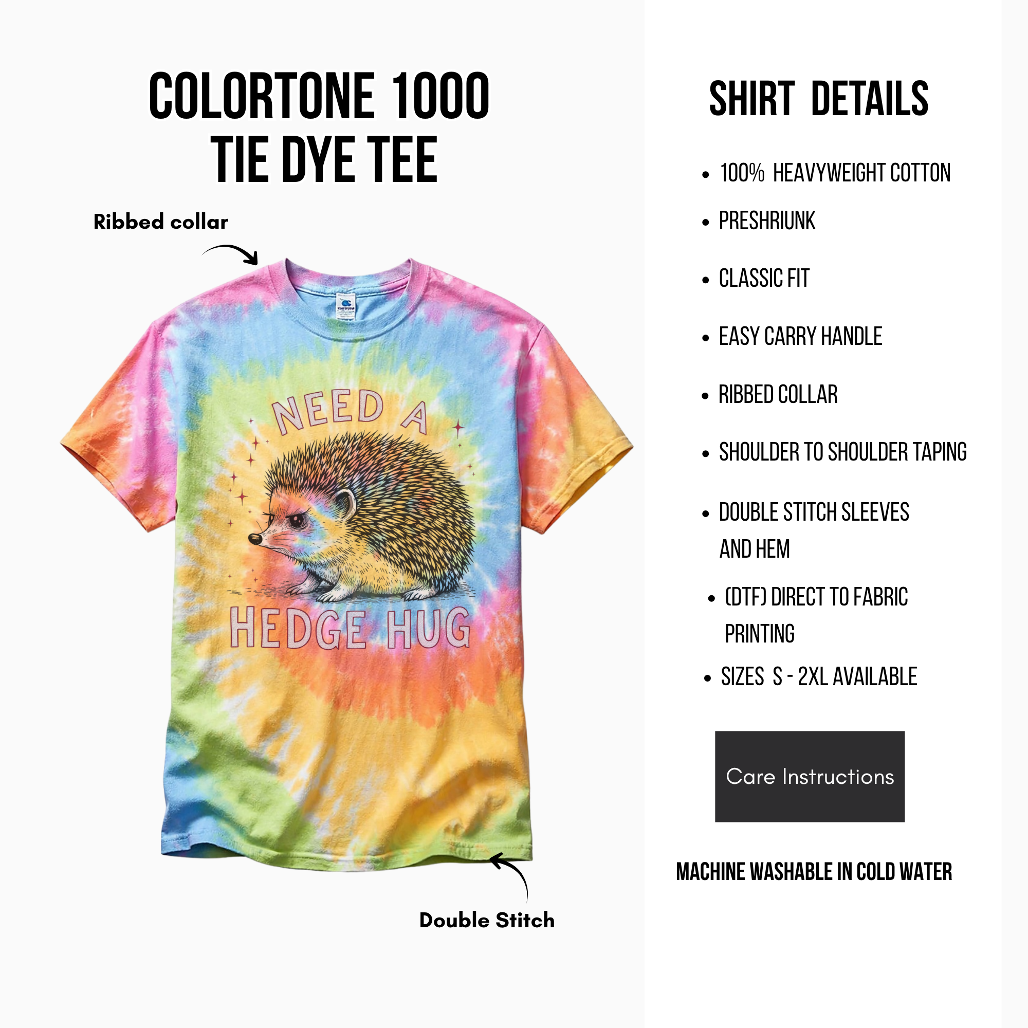 Tie-dye t-shirt with hedgehog design and product details on a white background