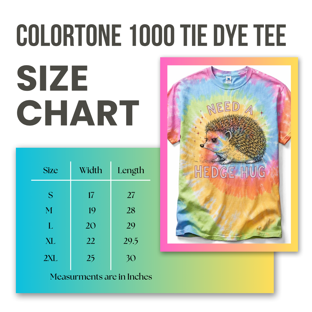 Tie-dye t-shirt with hedgehog design and size chart on a colorful background