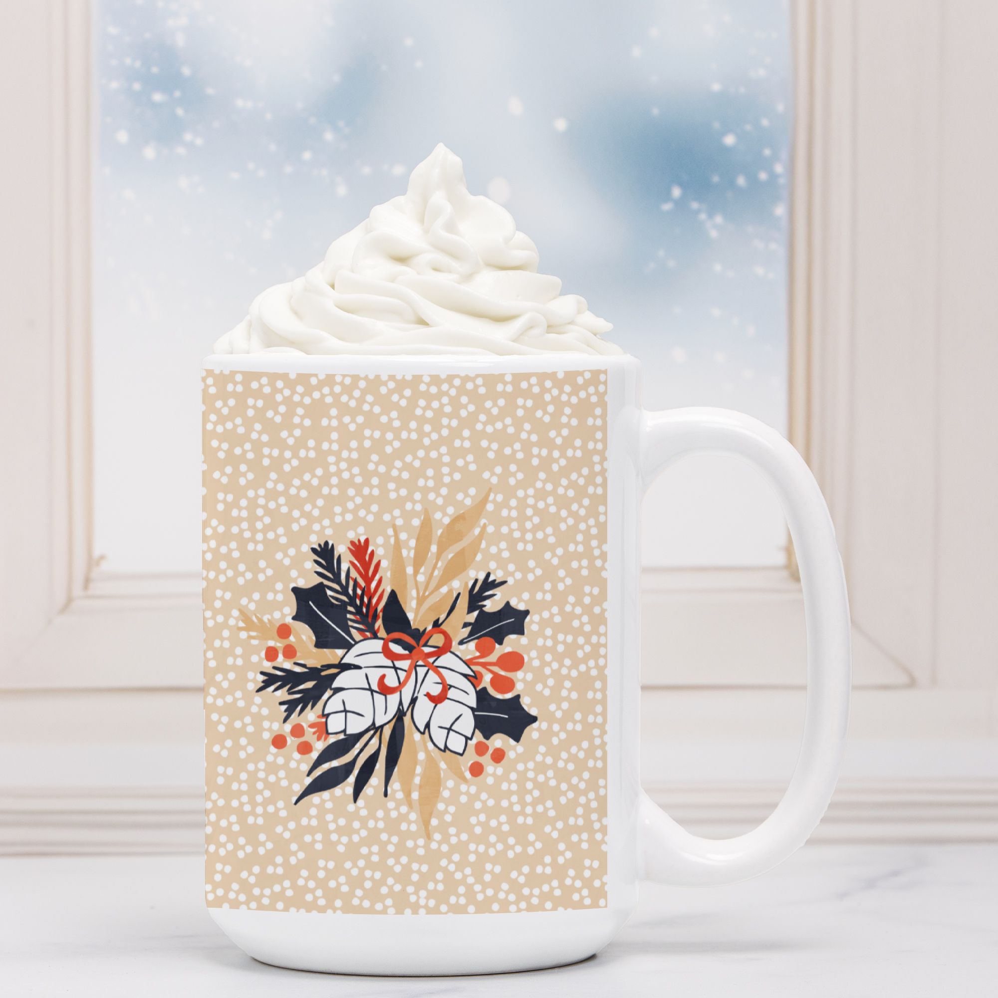 White mug with floral design filled with hot chocolate and whipped cream, against a snowy window background.