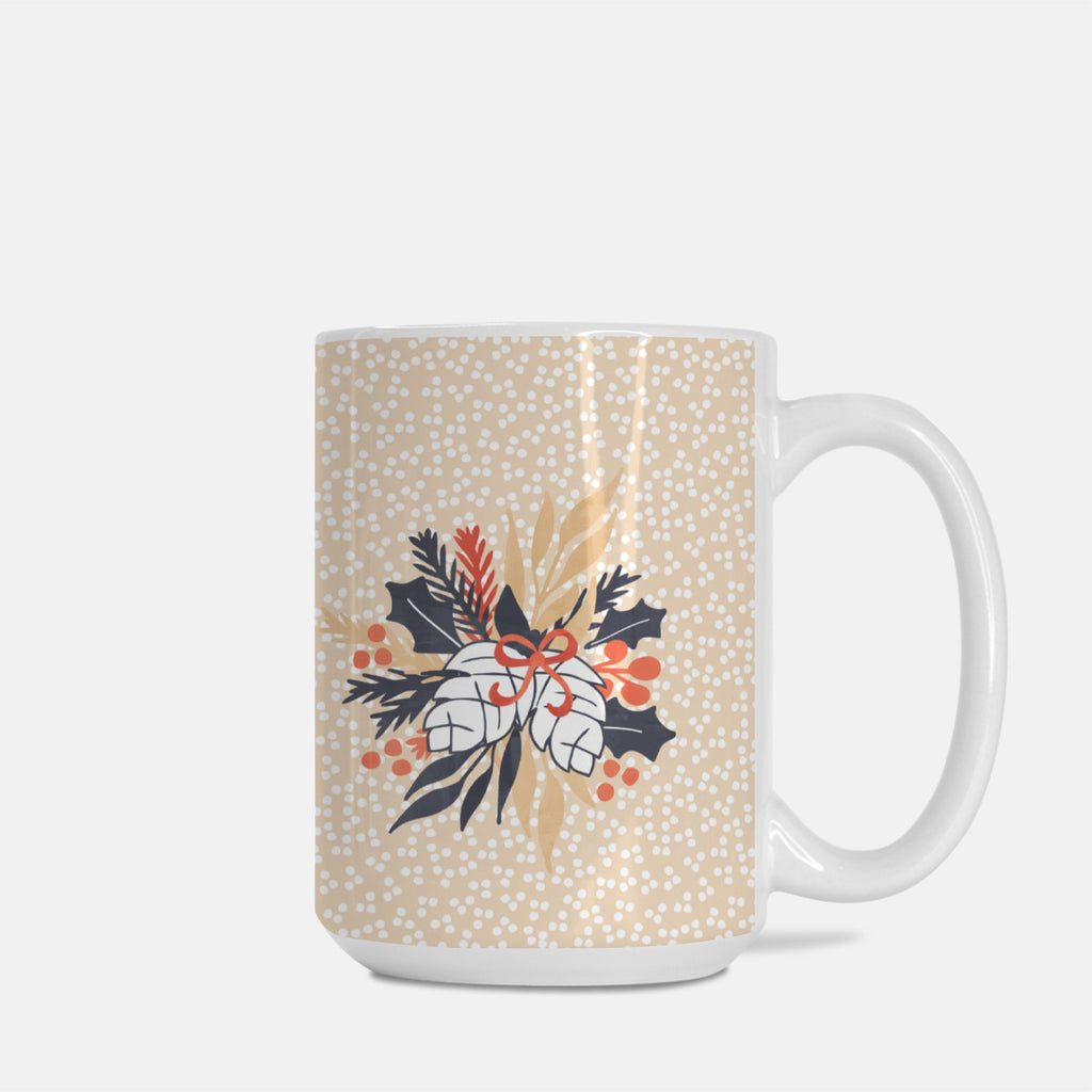 Mug with floral design and polka dot pattern on a beige background