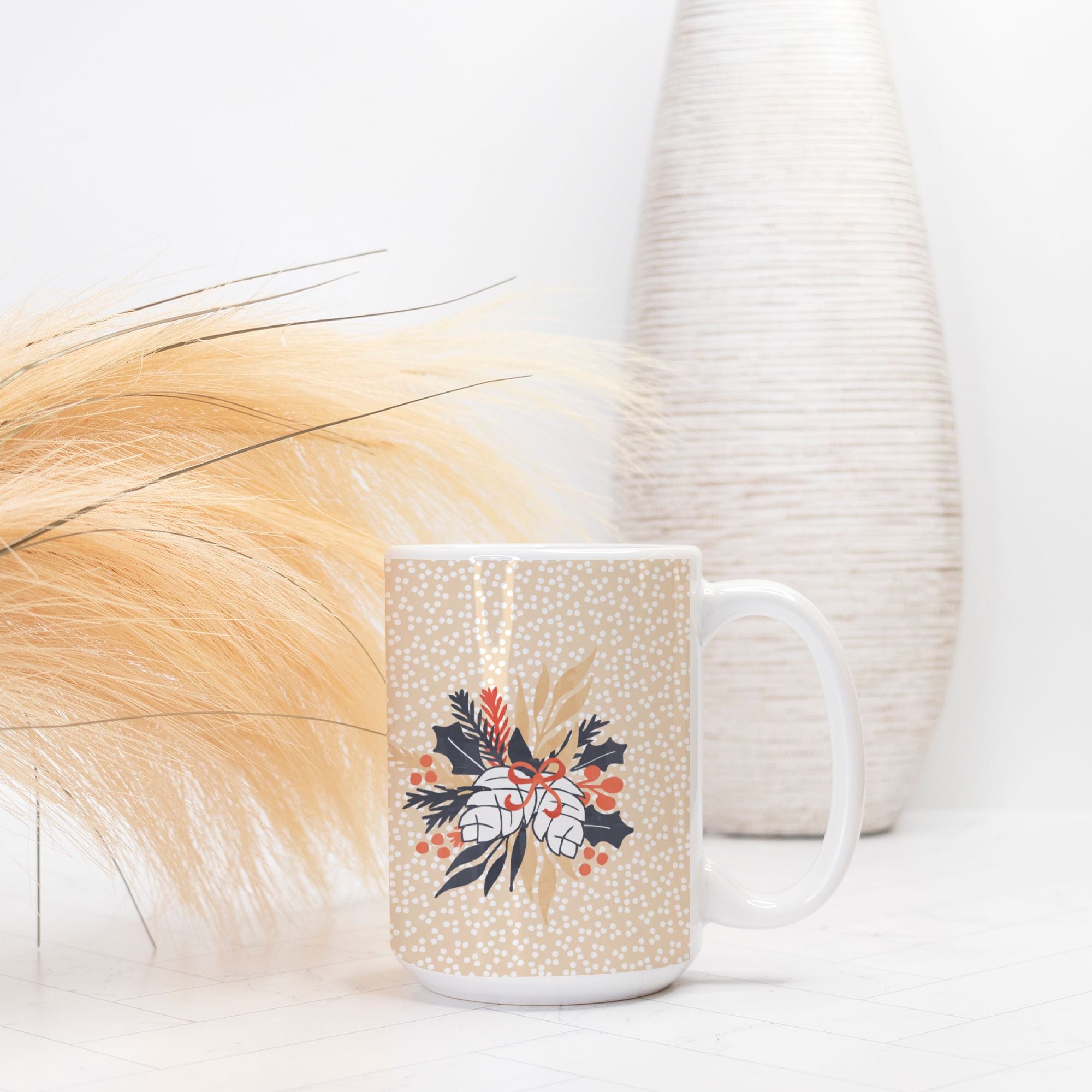 Mug with floral design on a white surface with decorative elements