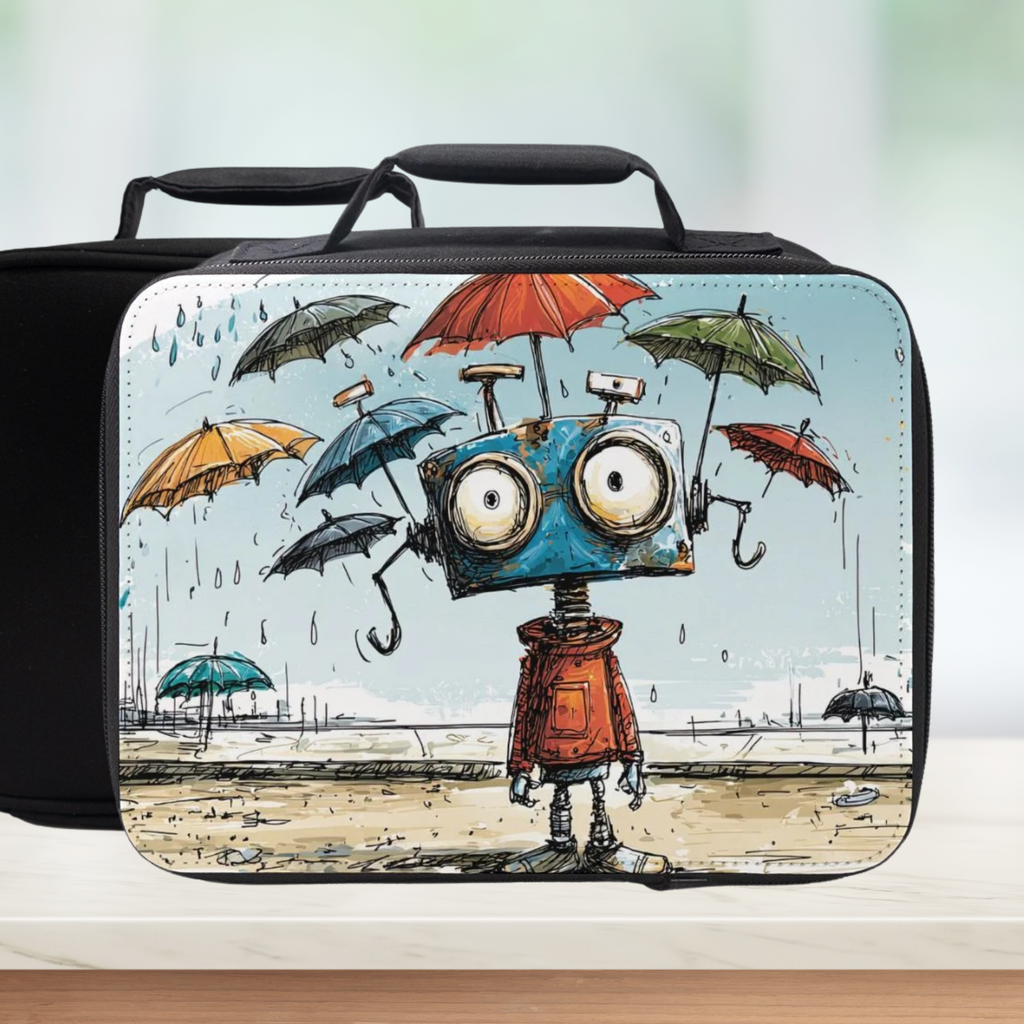 Lunch bag with a cartoon robot with falling umbrellas design on a wooden surface.
