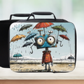 Lunch bag with a cartoon robot with falling umbrellas design on a wooden surface.