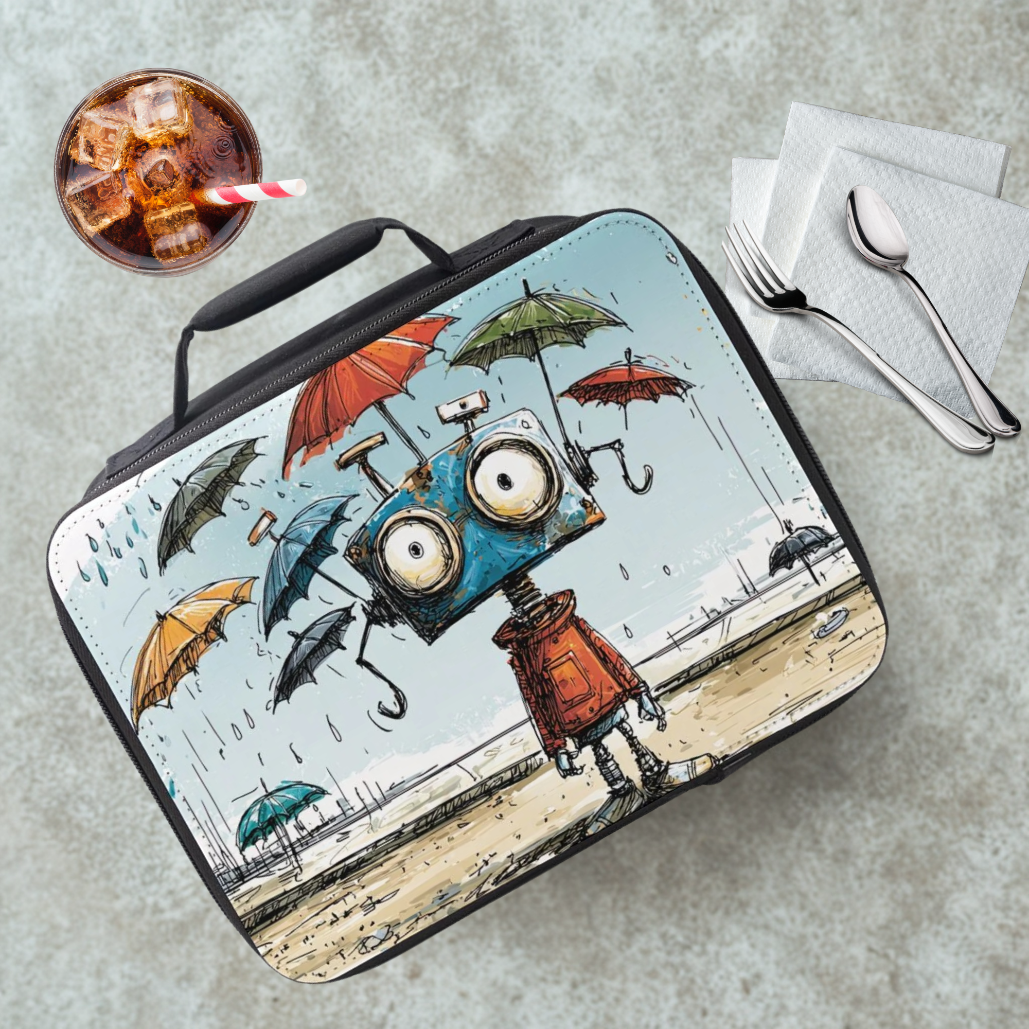 Lunch bag with robot with falling umbrellas on a beach in a storm, placed on a cafeteria table with a drink and utensils.