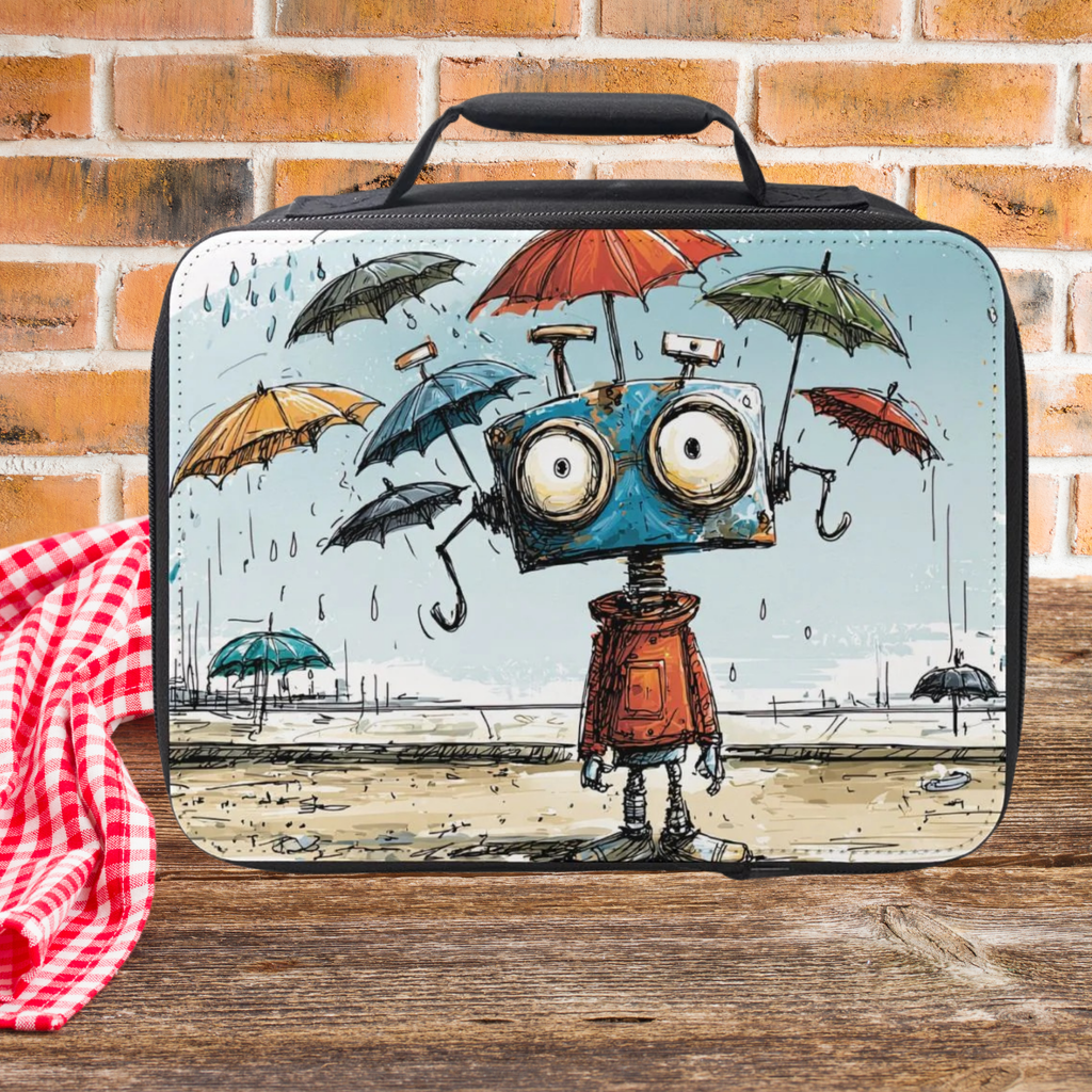 Lunch bag with a robot and raining umbrellas on a picnic table against a brick wall background