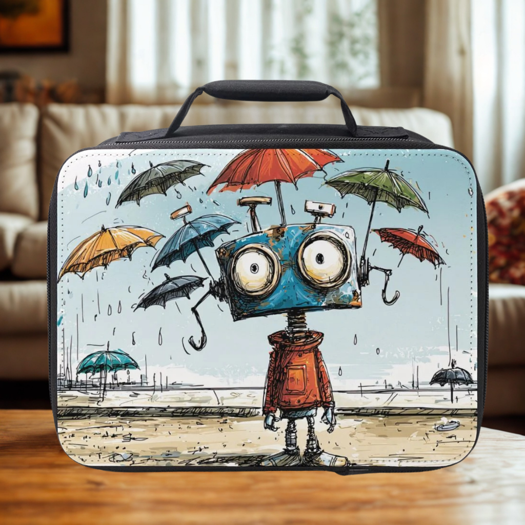 Lunch bag with a robot and falling umbrellas design on a wooden coffee table in a cozy living room.