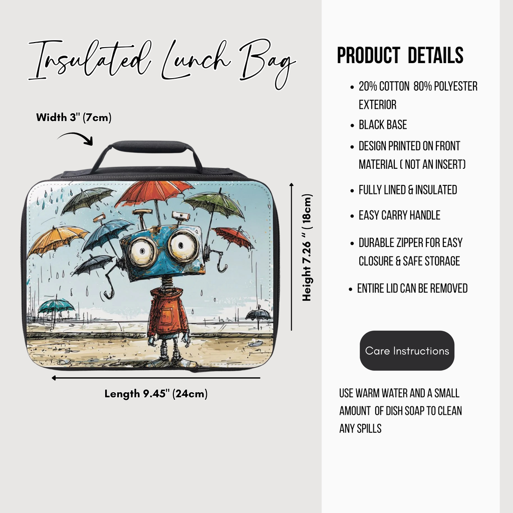 Insulated lunch bag with cartoon design of a robot and falling umbrellas, product details on the right.