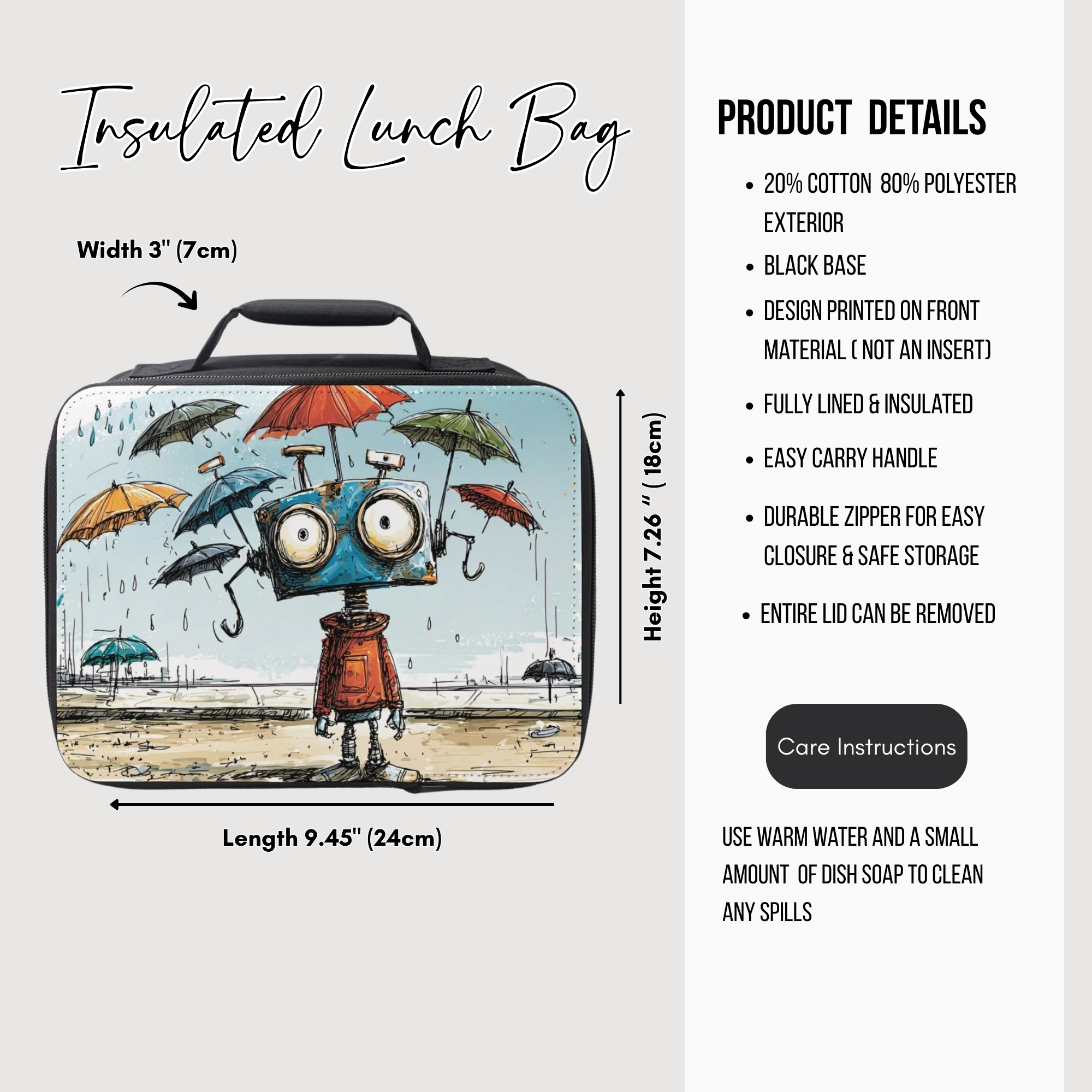 Insulated lunch bag with cartoon design of a robot and falling umbrellas, product details on the right.