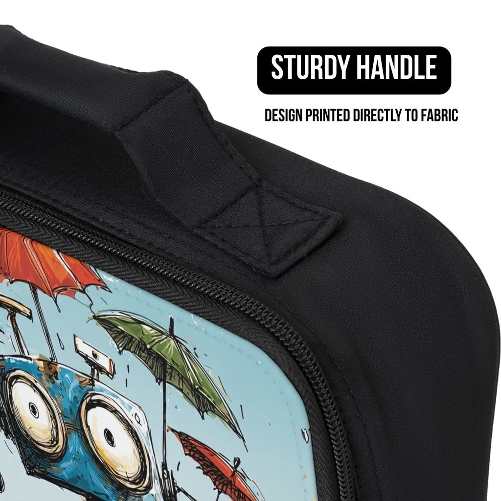 Black lunch bag with a design of a robot and raining umbrellas, featuring a sturdy handle and text indicating fabric printing.