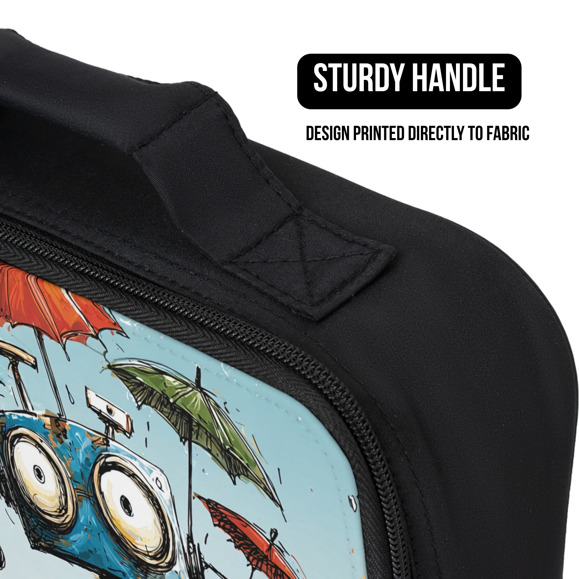 Black lunch bag with a design of a robot and raining umbrellas, featuring a sturdy handle and text indicating fabric printing.