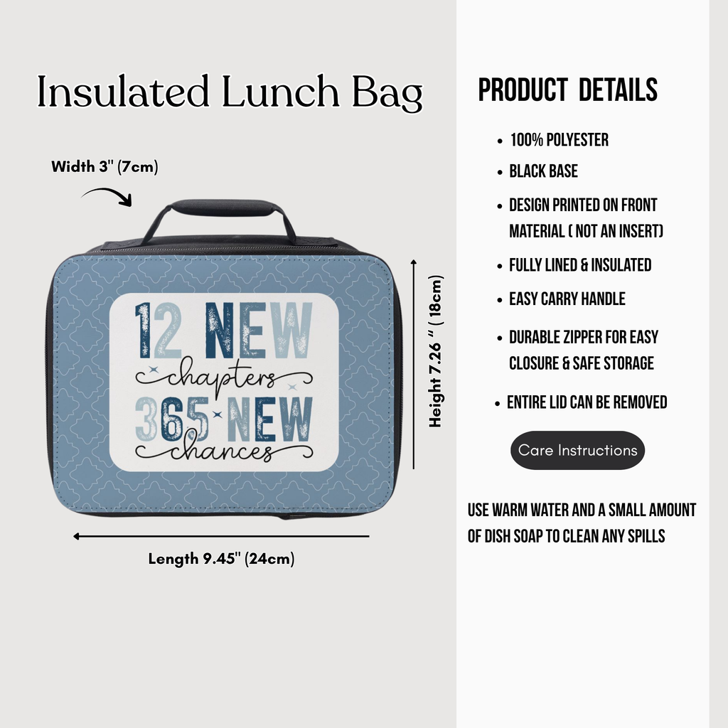 Insulated lunch bag with text and measurements on a white background