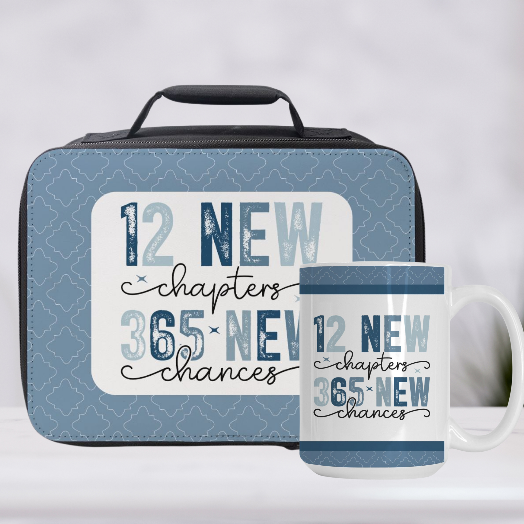 Lunch box and mug set with motivational quote on a light gray background