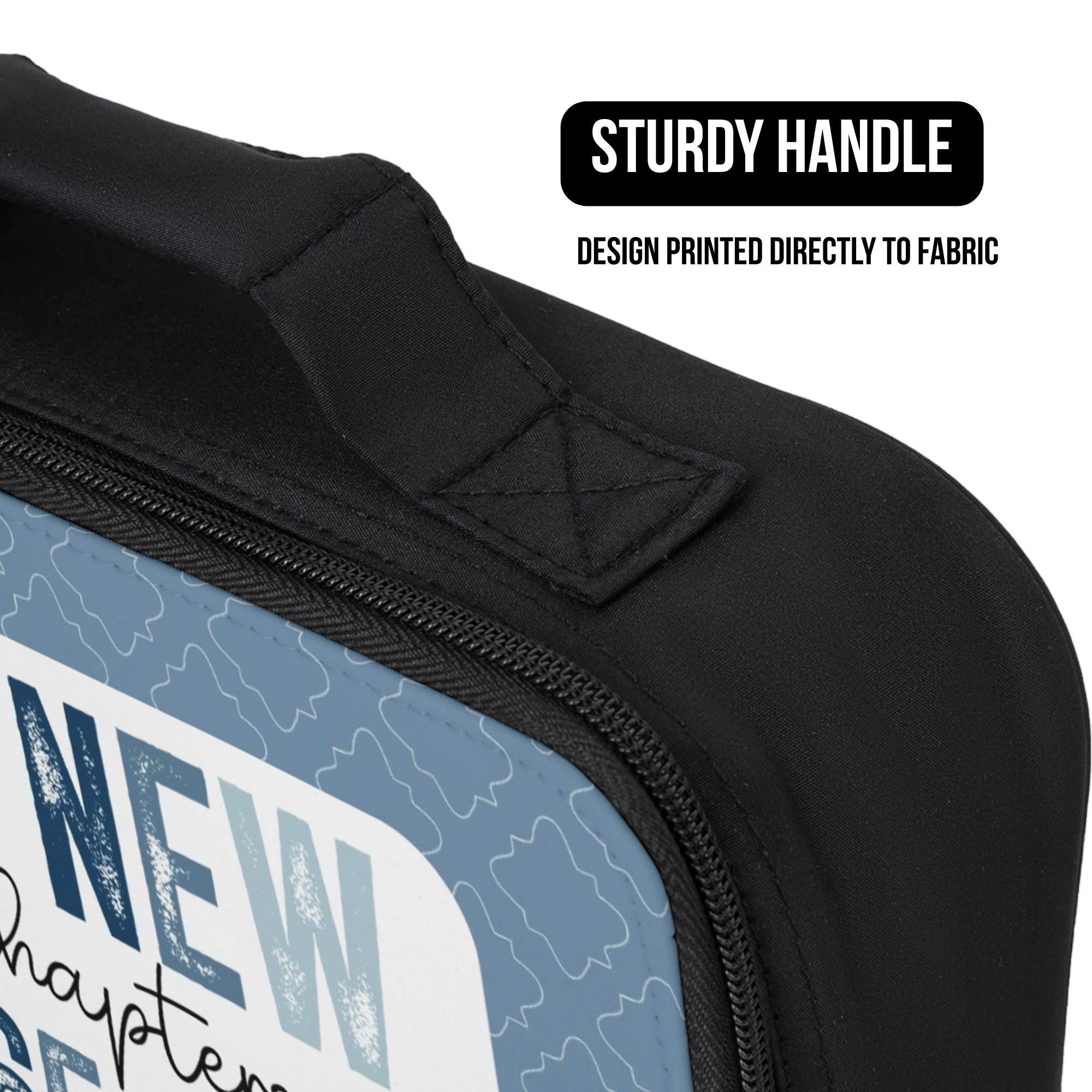 Black lunch bag with a handle and text design, featuring 'Sturdy Handle' and 'Design Printed Directly to Fabric' text.