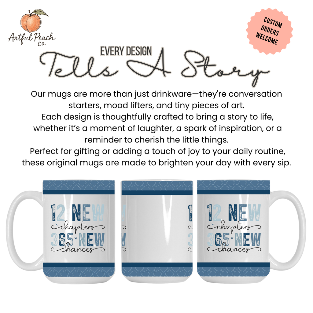 Three mugs with 'New chapters, new chances' text on a white background with promotional text about the Artful Peach Co. brand.