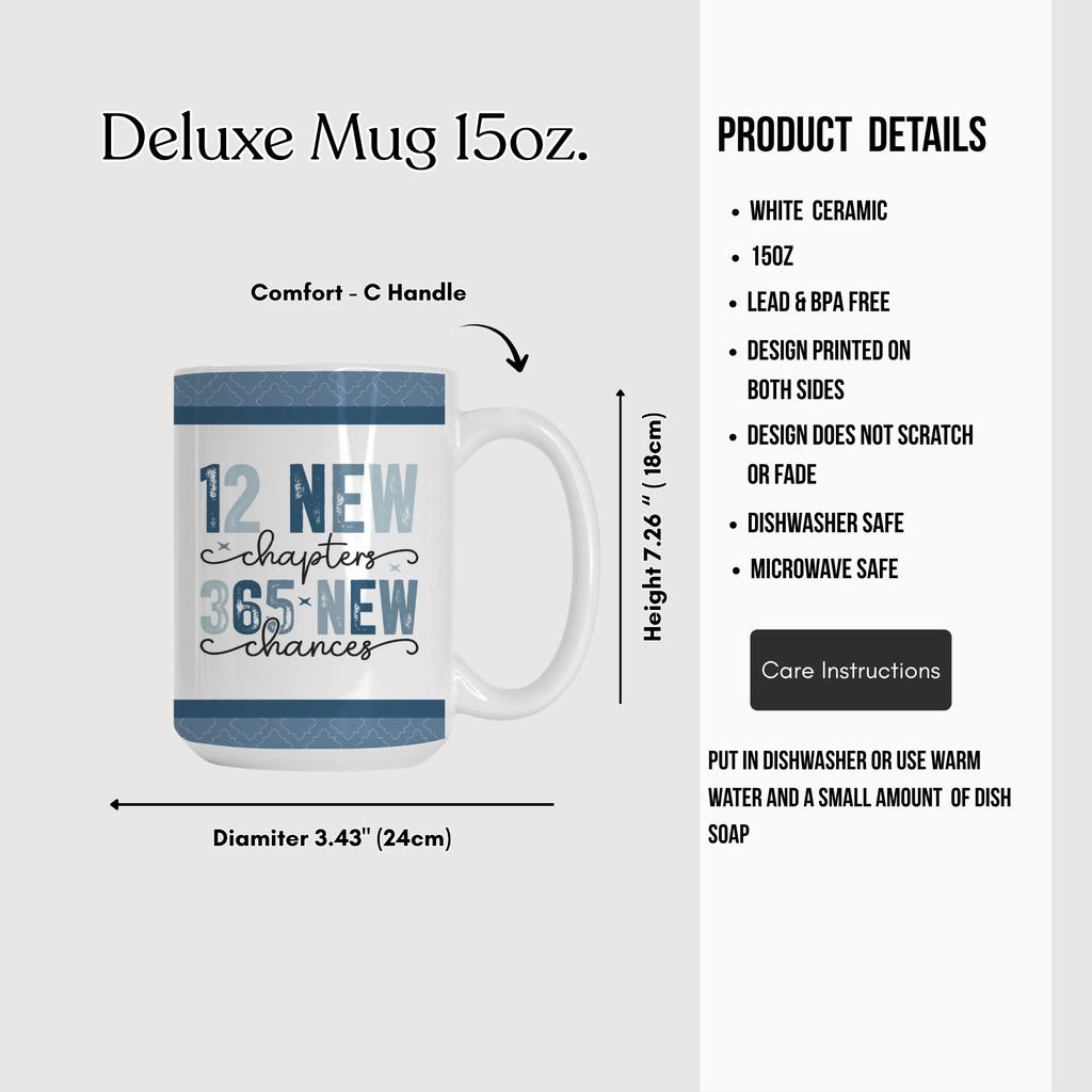 Deluxe mug with text design and product details on a white background